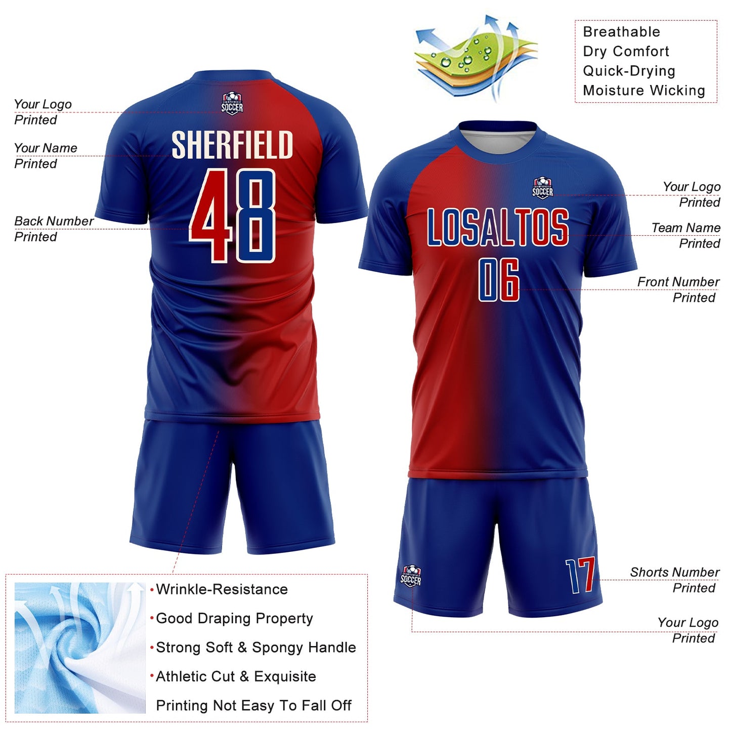 Custom Royal Red-Cream Sublimation Gradient Fashion Soccer Uniform Jersey view 4