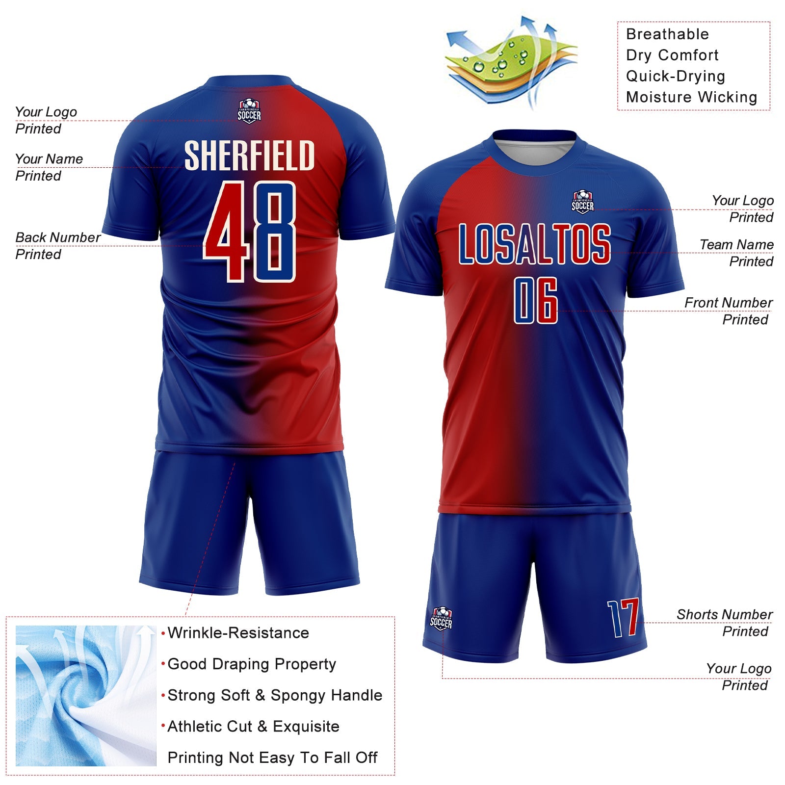 Custom Royal Red-Cream Sublimation Gradient Fashion Soccer Uniform Jersey view 4