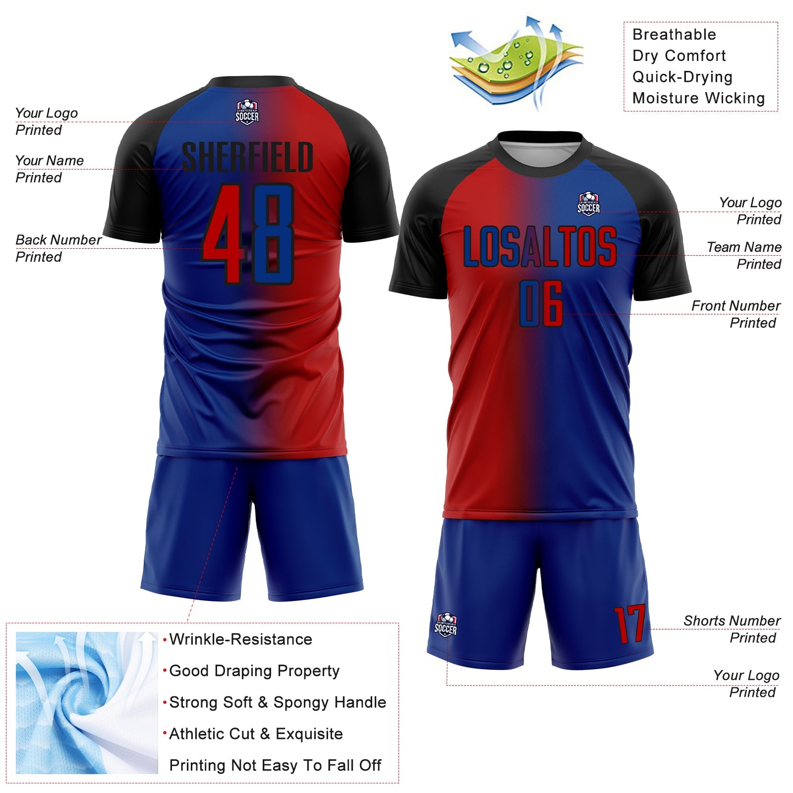 Custom Royal Red-Black Sublimation Gradient Fashion Soccer Uniform Jersey view 4