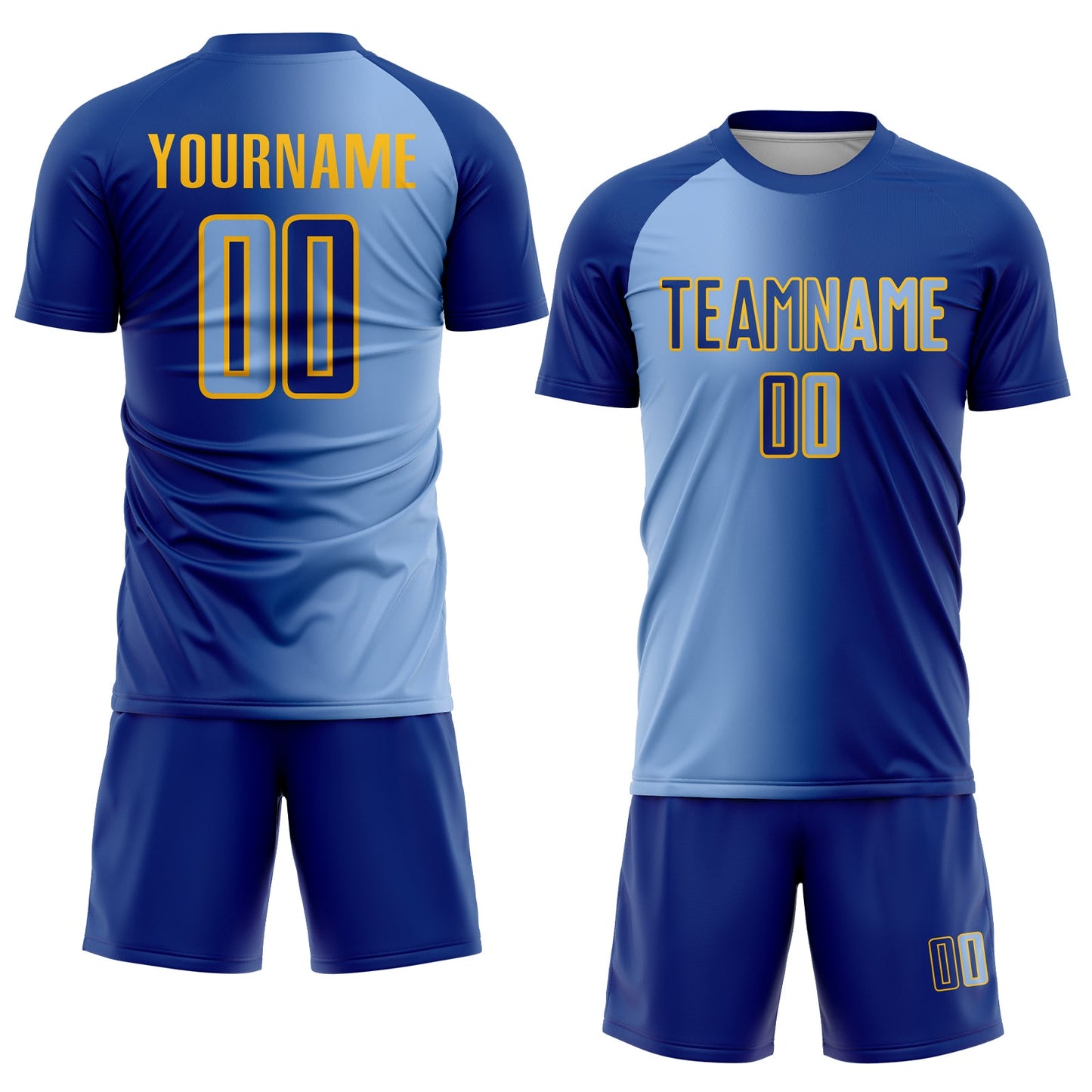Custom Royal Light Blue-Gold Sublimation Gradient Fashion Soccer Uniform Jersey view 2