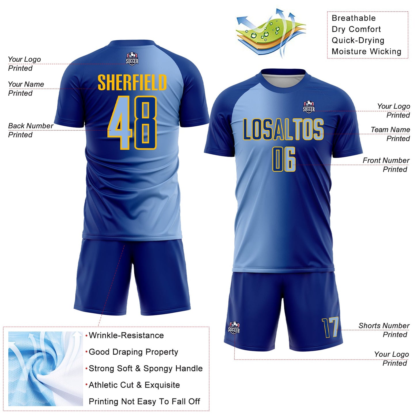 Custom Royal Light Blue-Gold Sublimation Gradient Fashion Soccer Uniform Jersey view 4