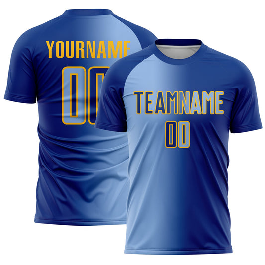 Custom Royal Light Blue-Gold Sublimation Gradient Fashion Soccer Uniform Jersey - Main View