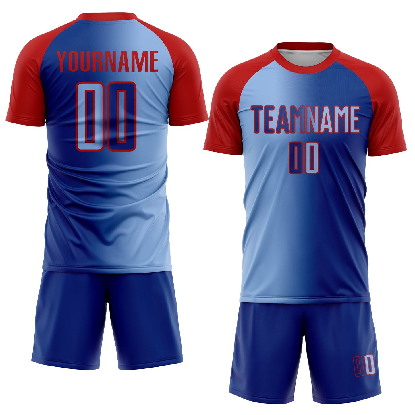 Custom Royal Light Blue-Red Sublimation Gradient Fashion Soccer Uniform Jersey view 2