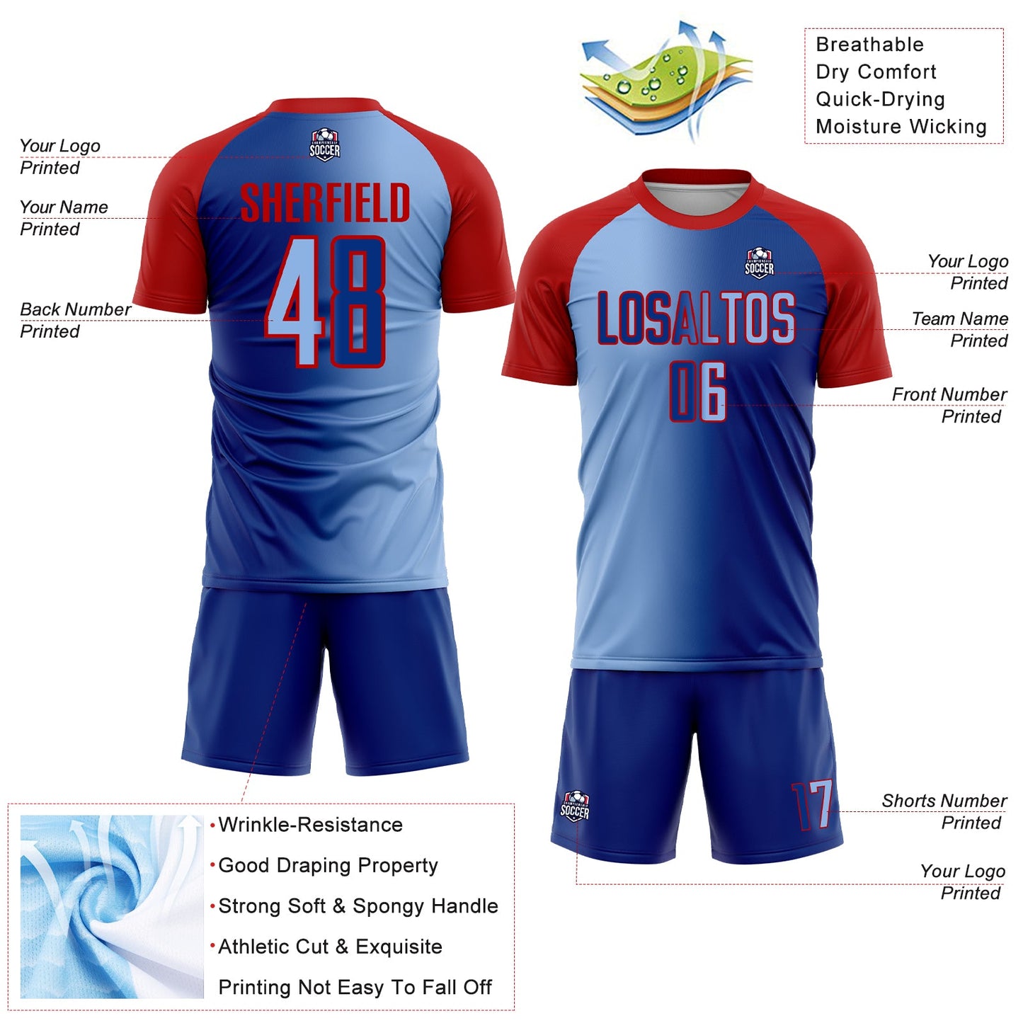 Custom Royal Light Blue-Red Sublimation Gradient Fashion Soccer Uniform Jersey view 4