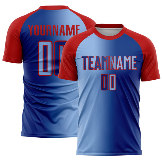 Custom Royal Light Blue-Red Sublimation Gradient Fashion Soccer Uniform Jersey - Main View