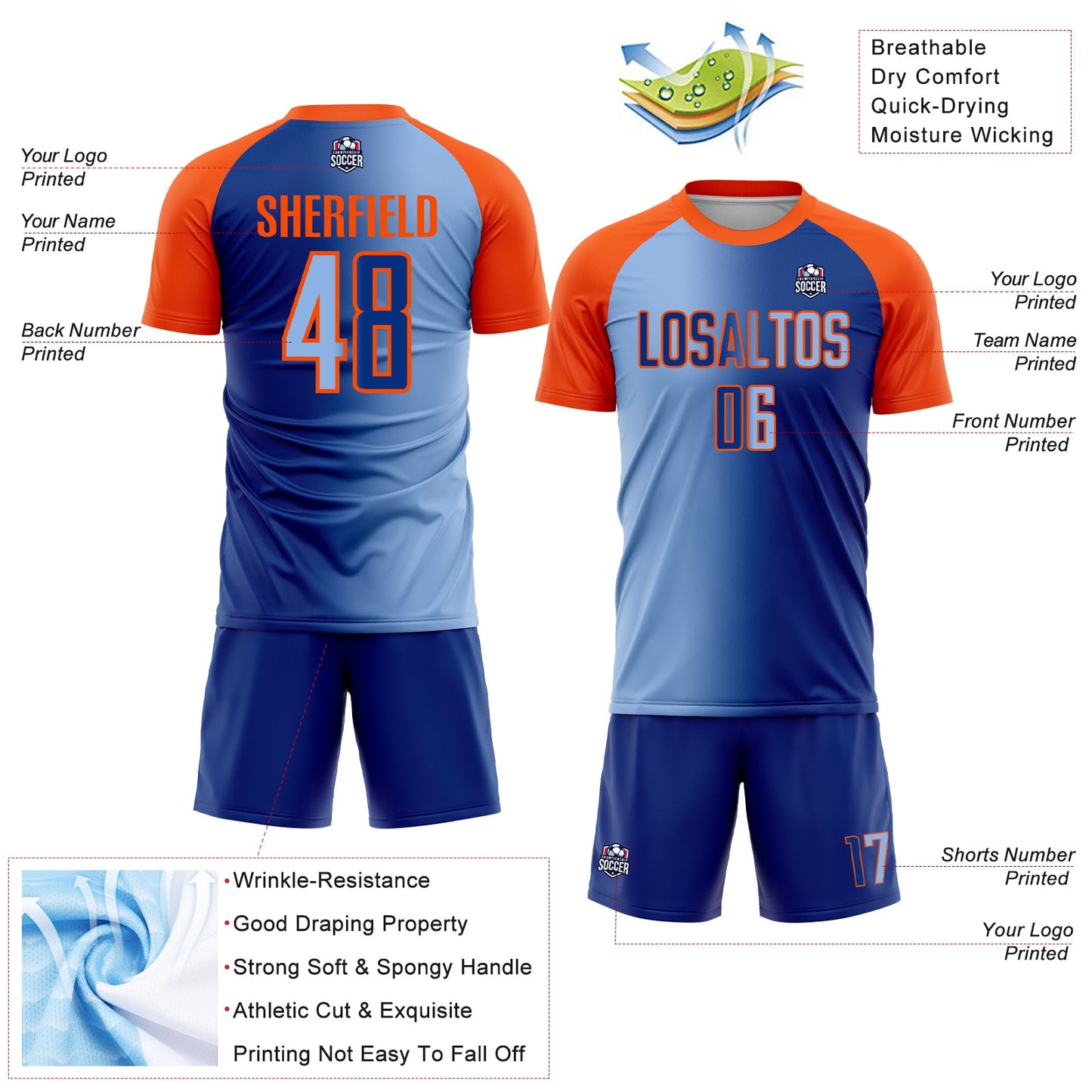 Custom Royal Light Blue-Orange Sublimation Gradient Fashion Soccer Uniform Jersey view 4