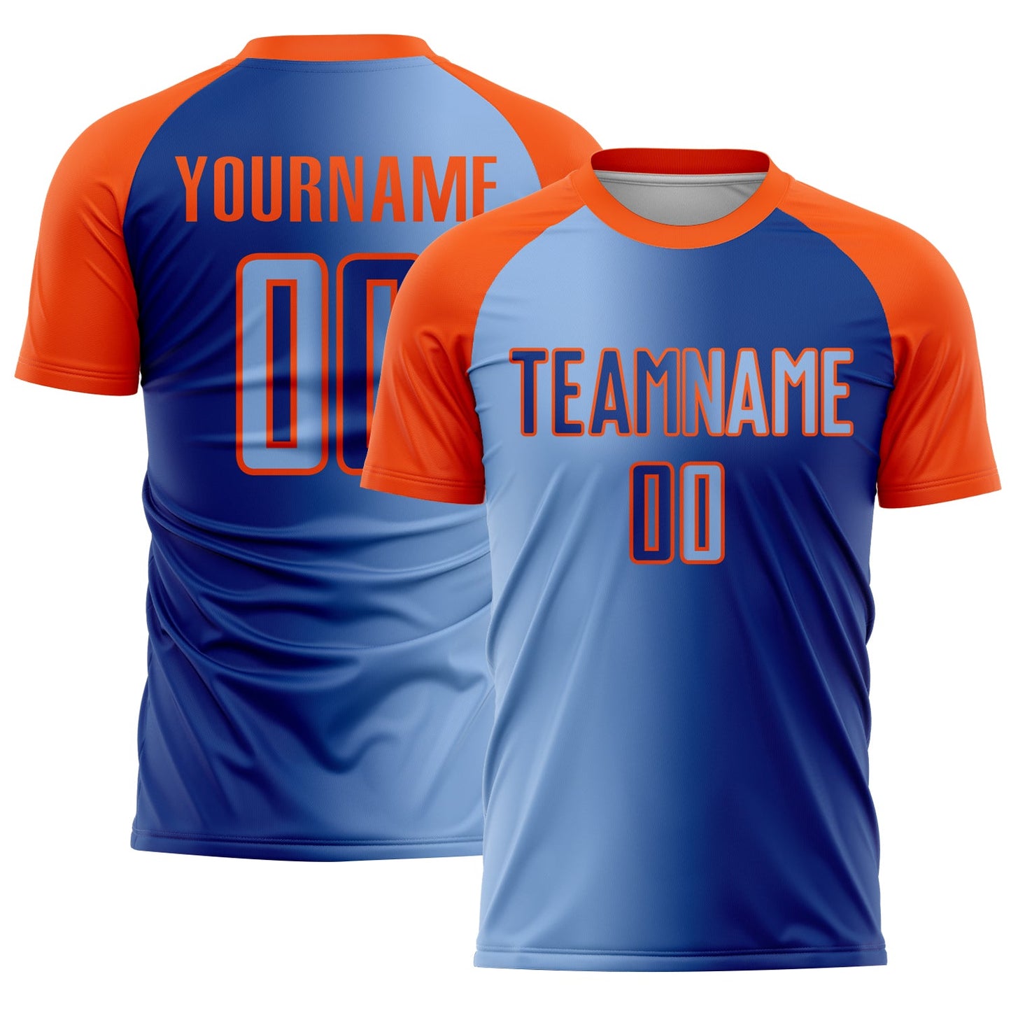Custom Royal Light Blue-Orange Sublimation Gradient Fashion Soccer Uniform Jersey - Main View
