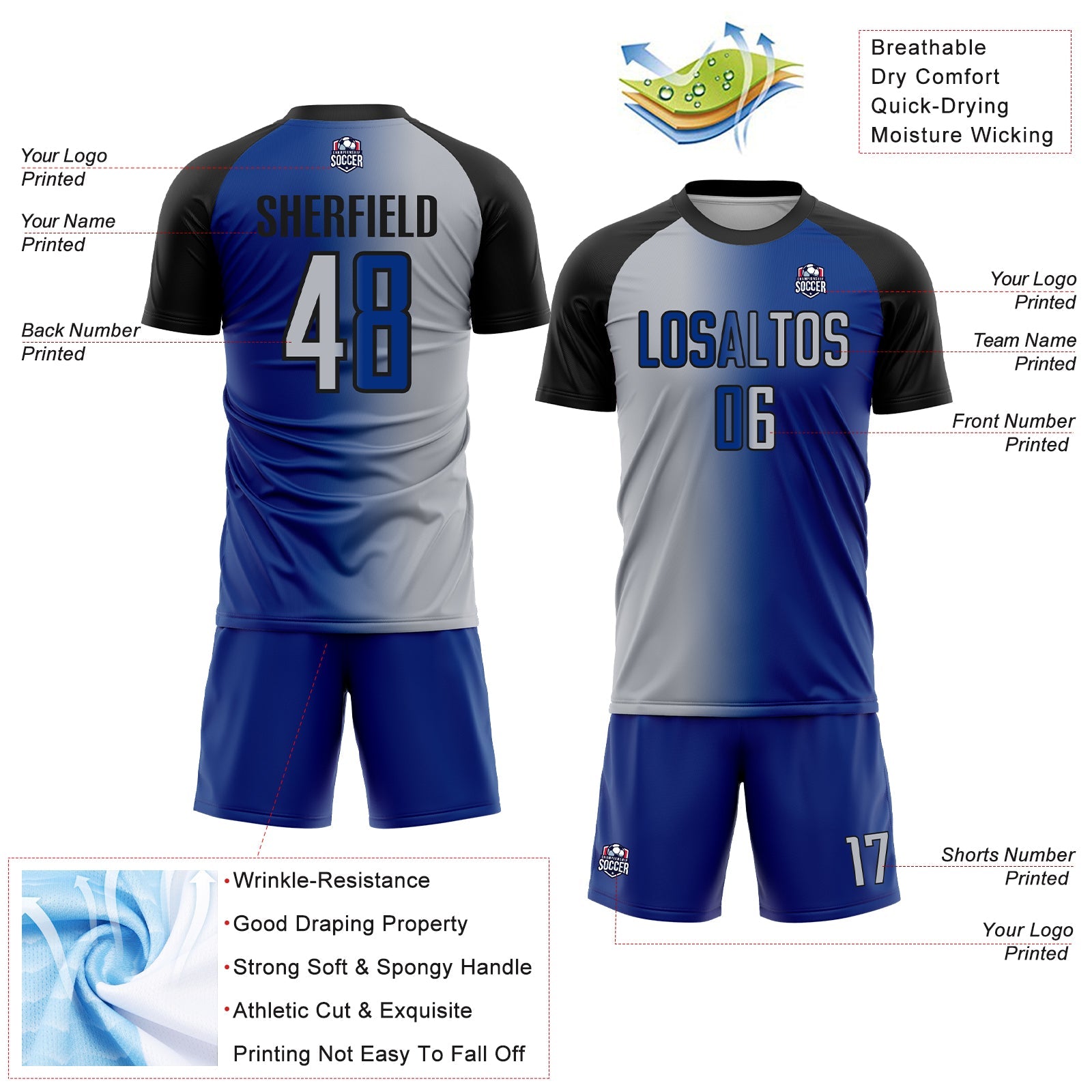 Custom Royal Gray-Black Sublimation Gradient Fashion Soccer Uniform Jersey view 4