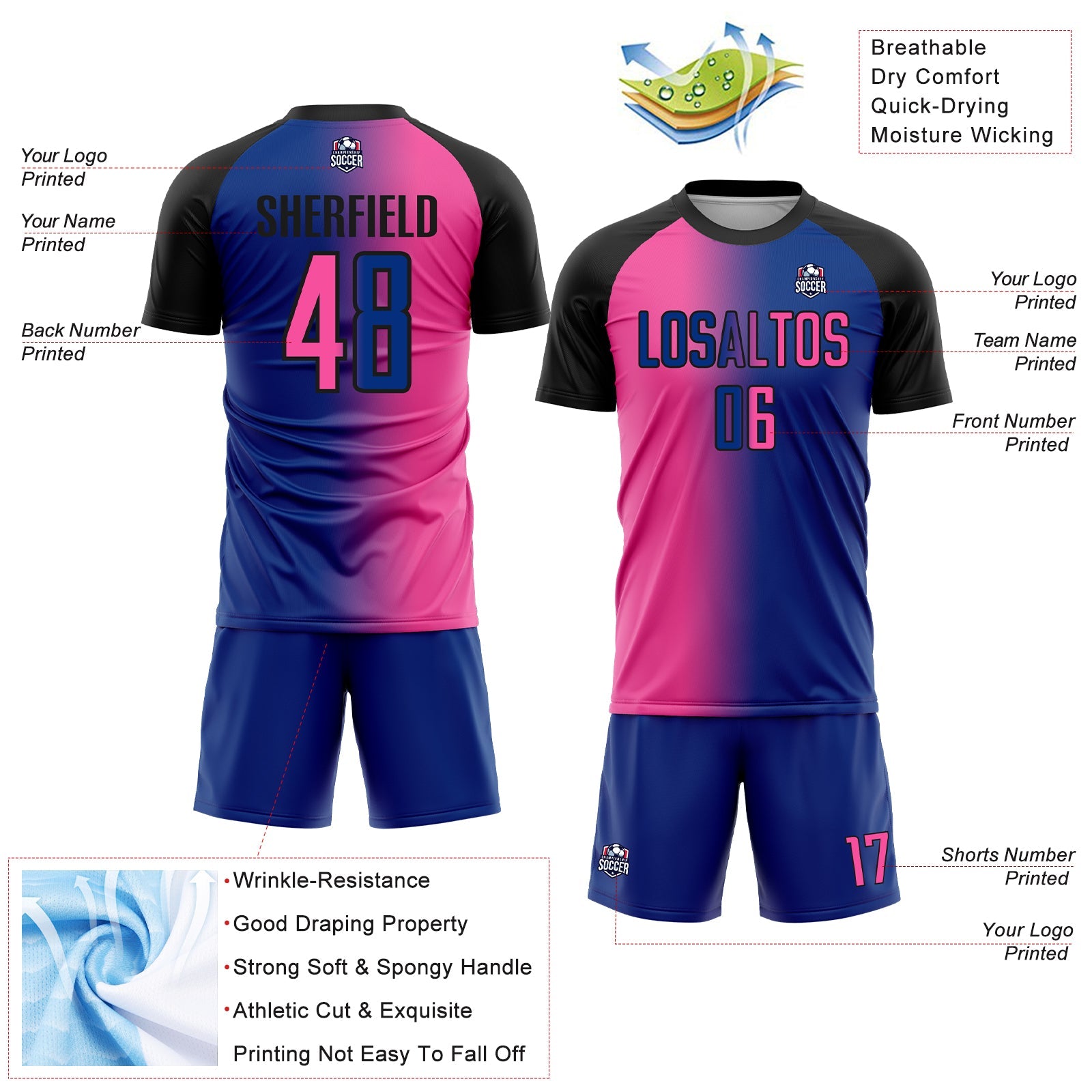 Custom Royal Pink-Black Sublimation Gradient Fashion Soccer Uniform Jersey view 4