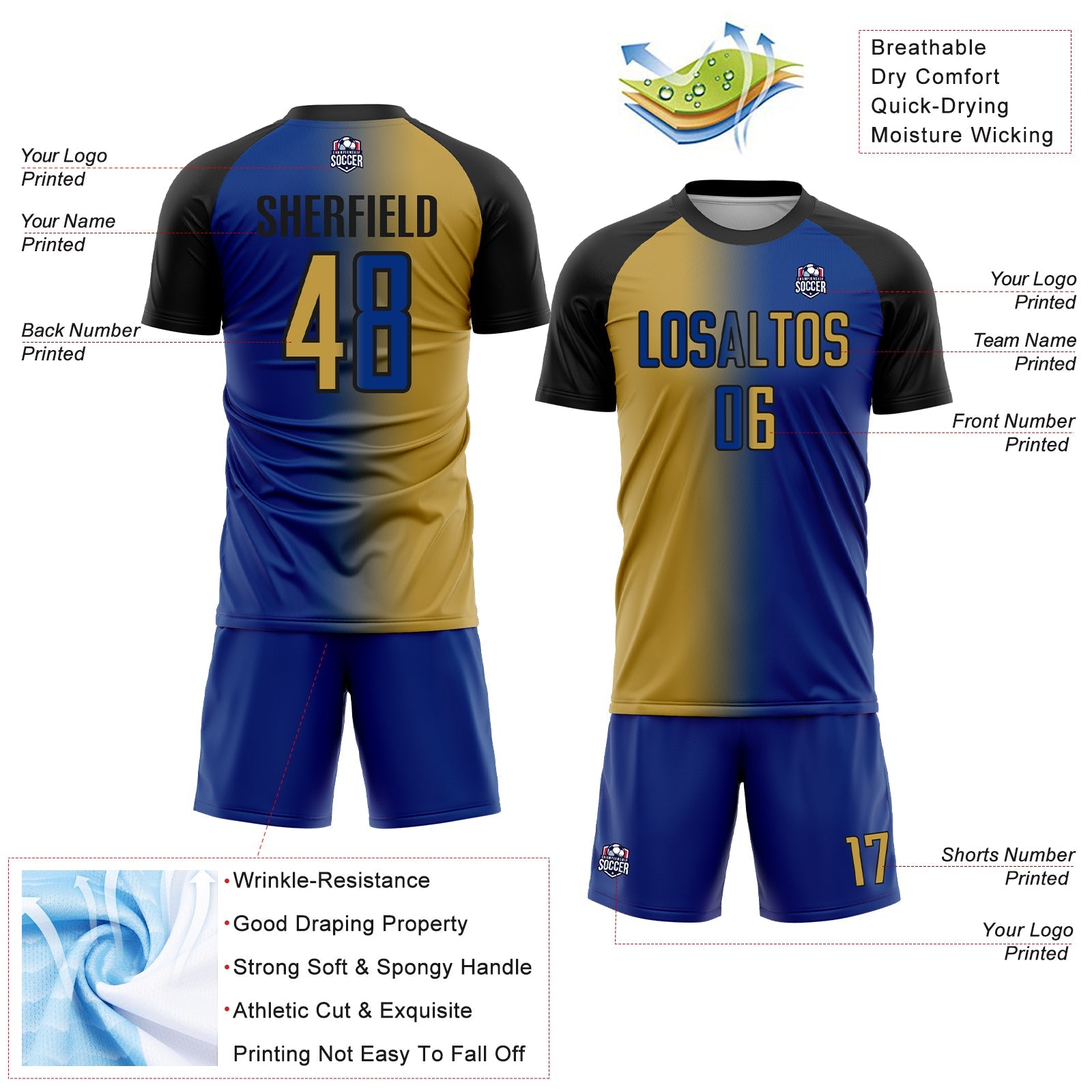 Custom Royal Old Gold-Black Sublimation Gradient Fashion Soccer Uniform Jersey view 4