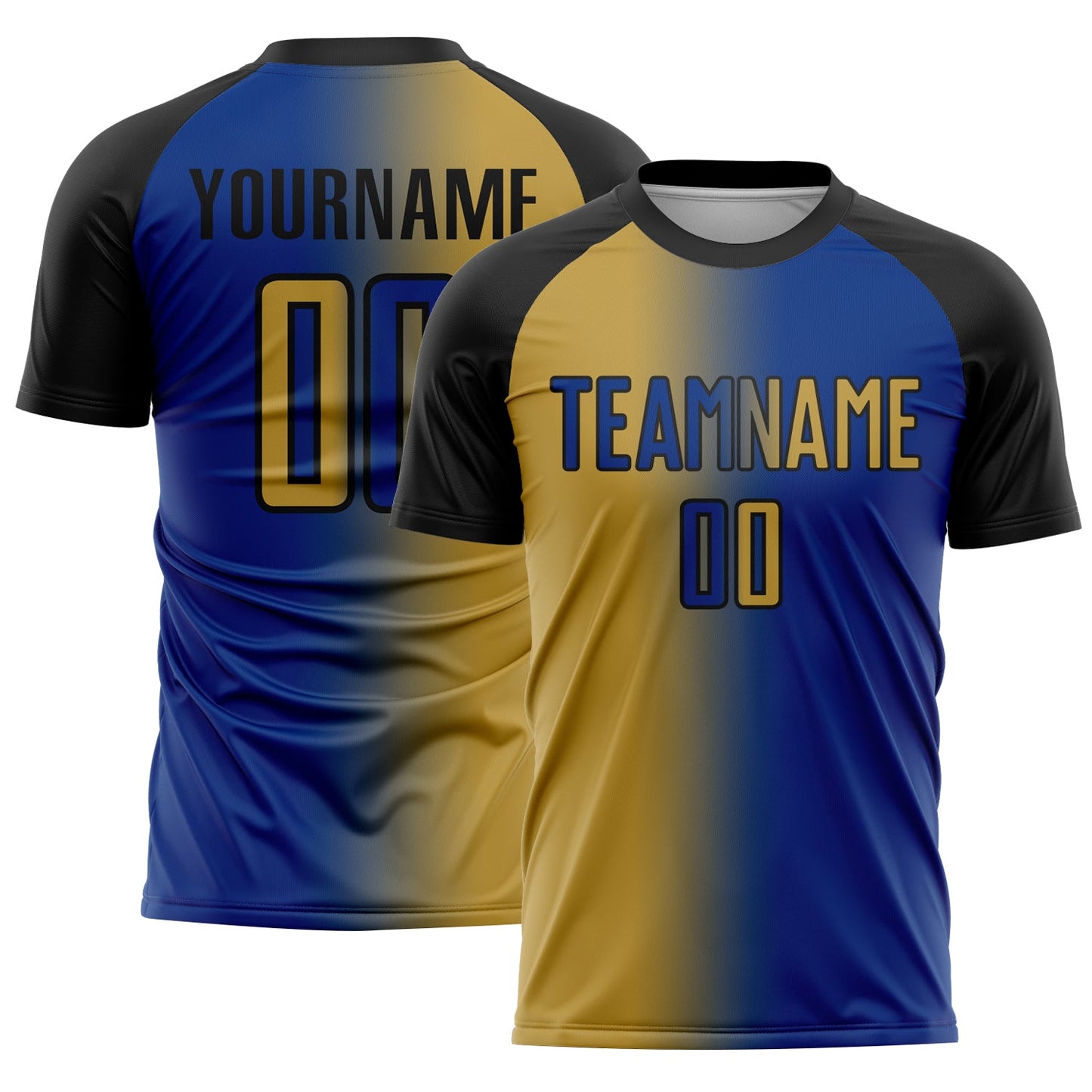 Custom Royal Old Gold-Black Sublimation Gradient Fashion Soccer Uniform Jersey - Main View