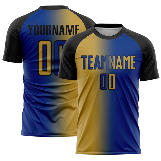 Custom Royal Old Gold-Black Sublimation Gradient Fashion Soccer Uniform Jersey - Main View