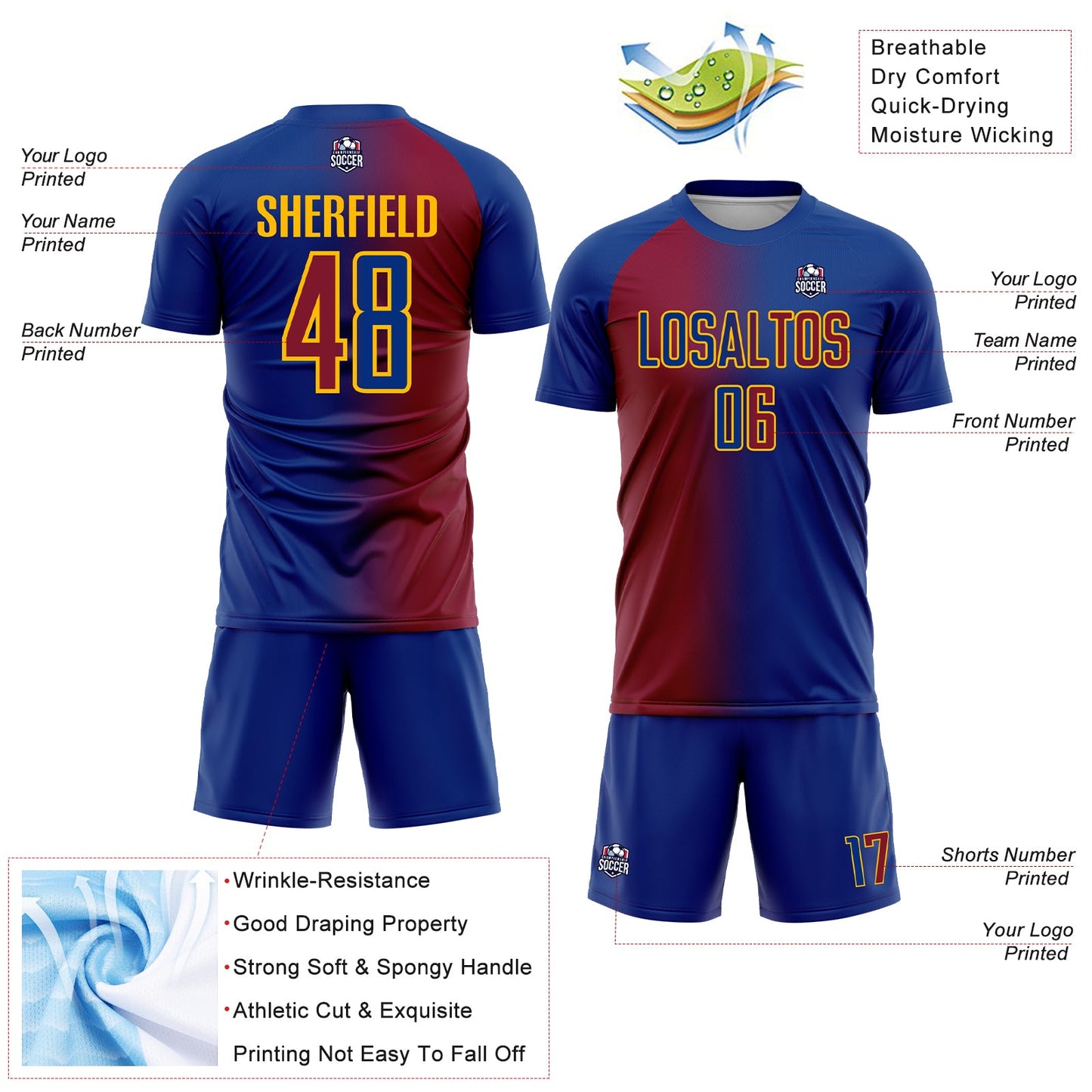 Custom Royal Maroon-Gold Sublimation Gradient Fashion Soccer Uniform Jersey view 4