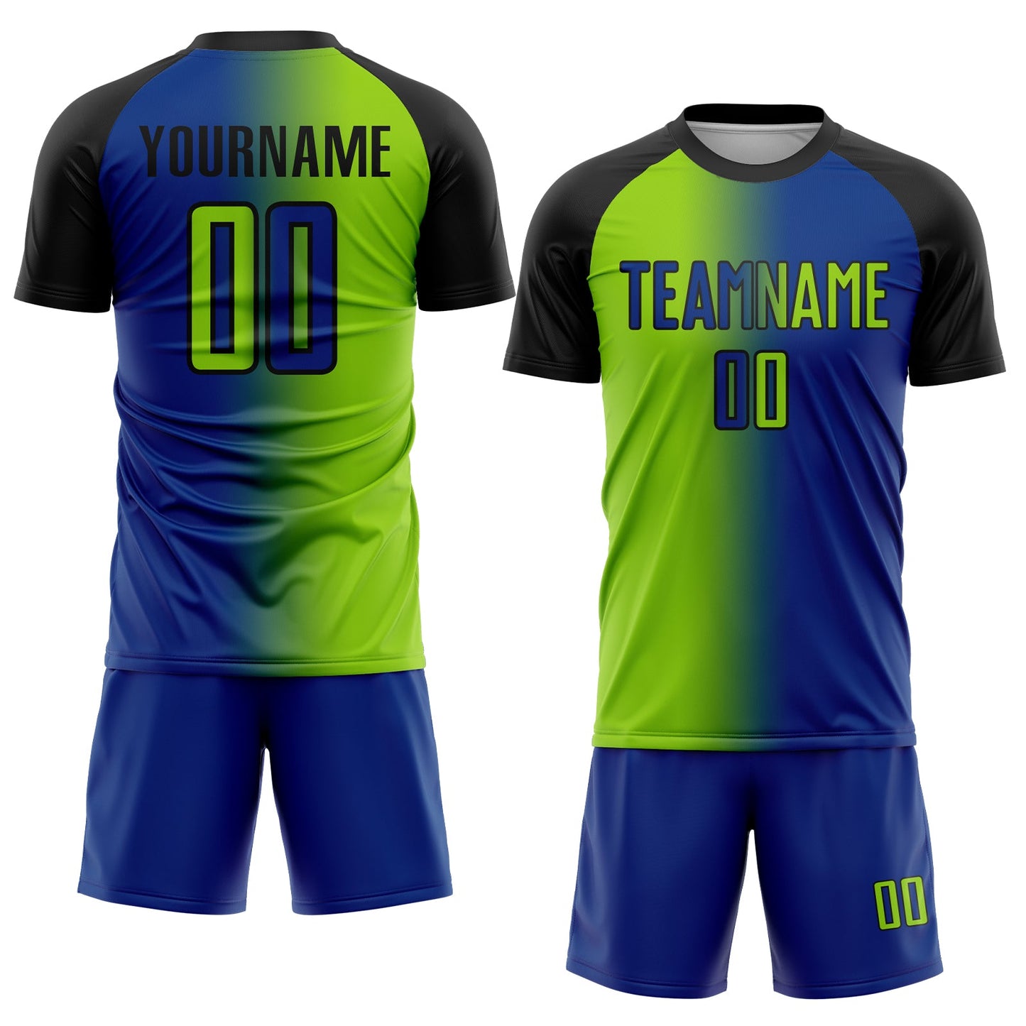 Custom Royal Neon Green-Black Sublimation Gradient Fashion Soccer Uniform Jersey view 2