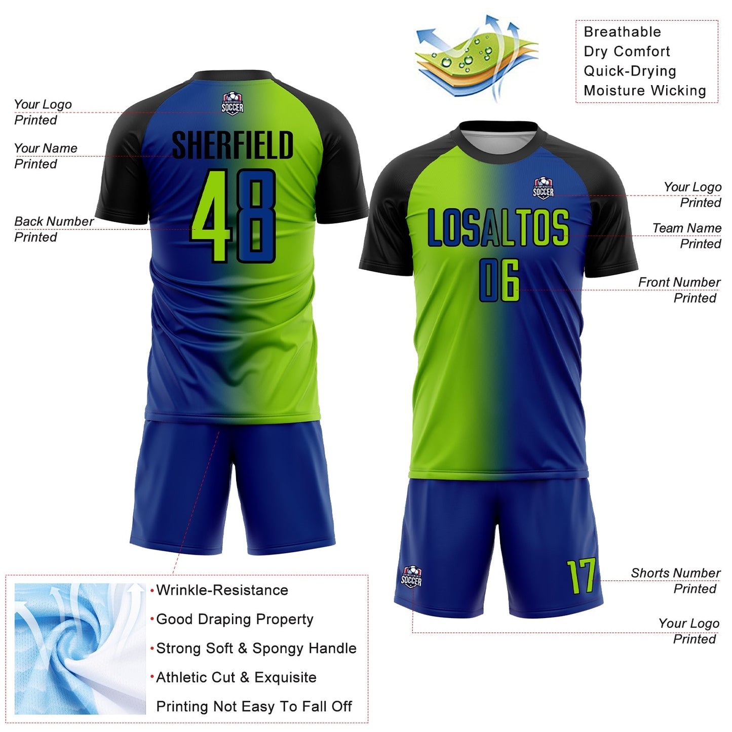 Custom Royal Neon Green-Black Sublimation Gradient Fashion Soccer Uniform Jersey view 4