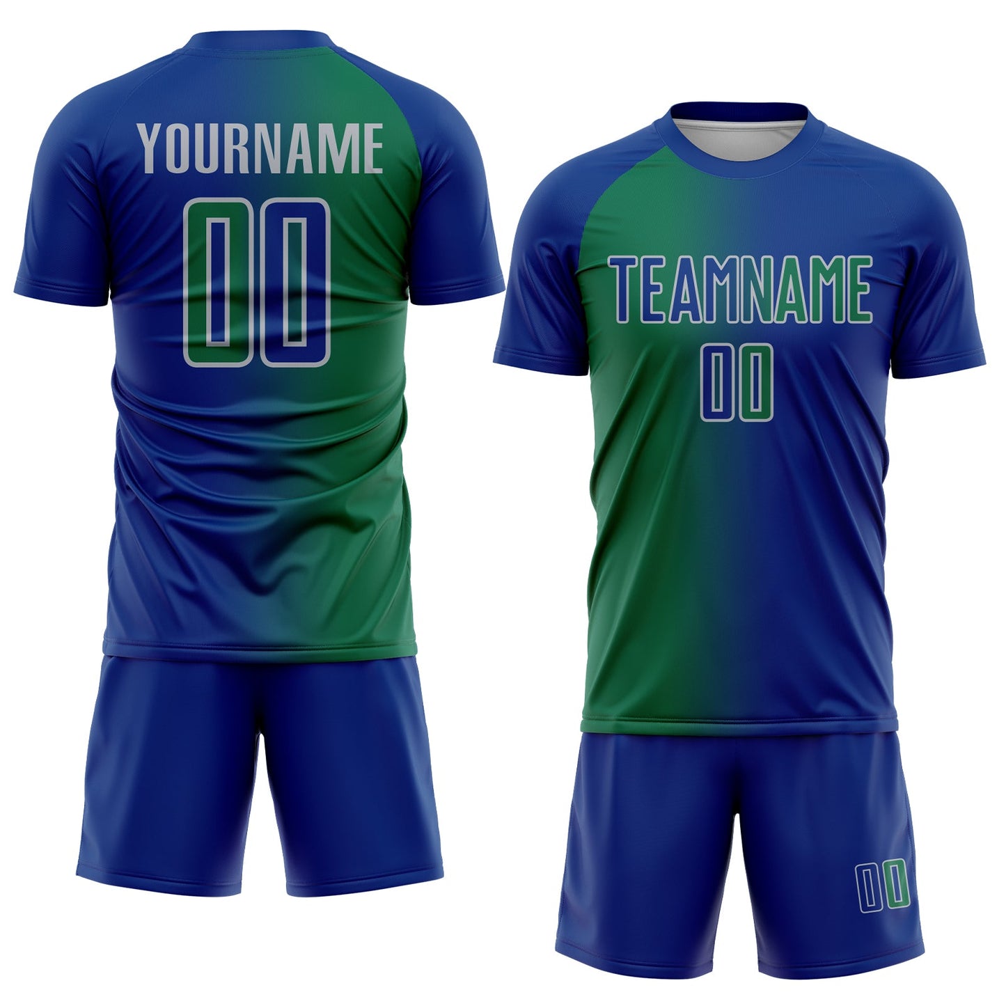 Custom Royal Kelly Green-Gray Sublimation Gradient Fashion Soccer Uniform Jersey view 2
