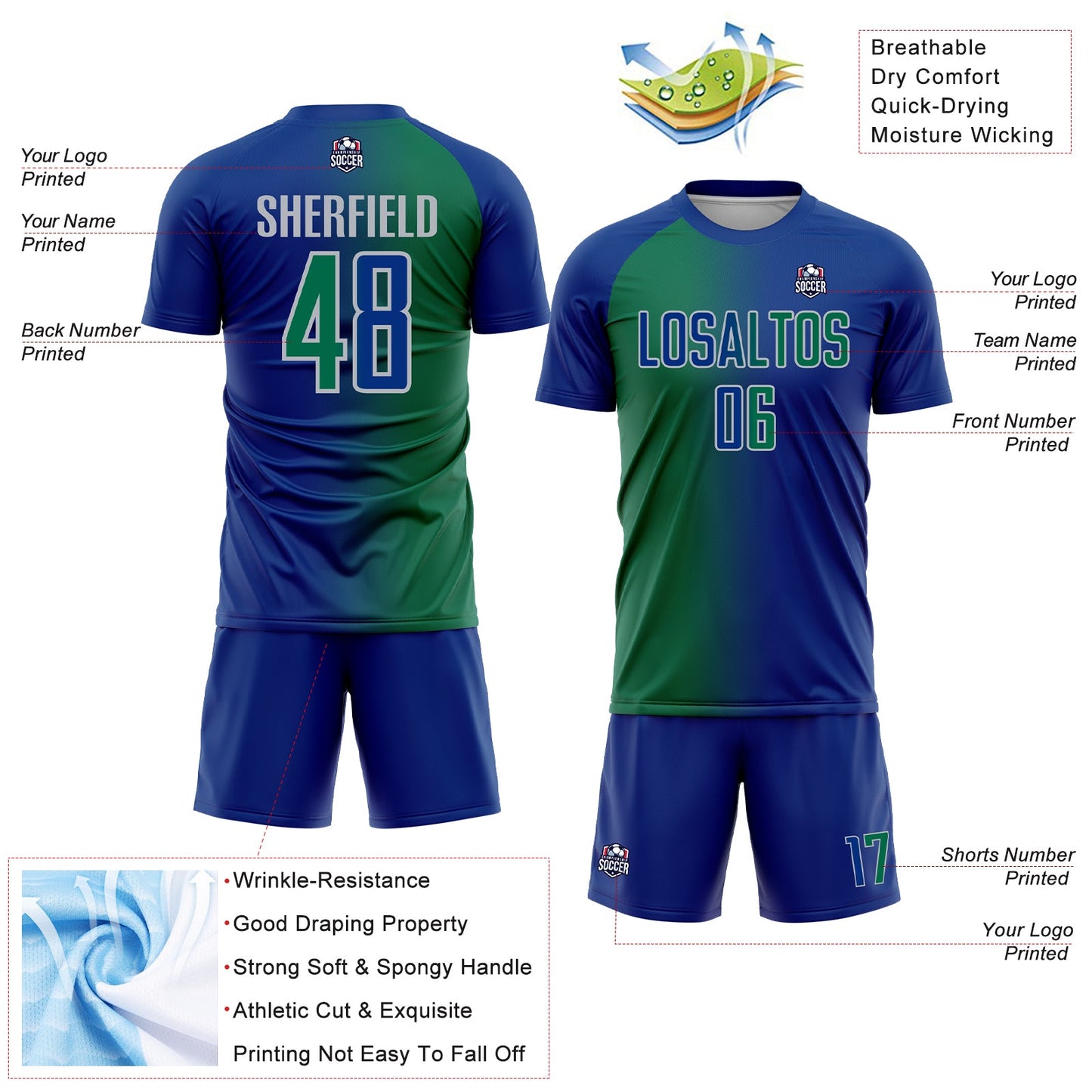 Custom Royal Kelly Green-Gray Sublimation Gradient Fashion Soccer Uniform Jersey view 4
