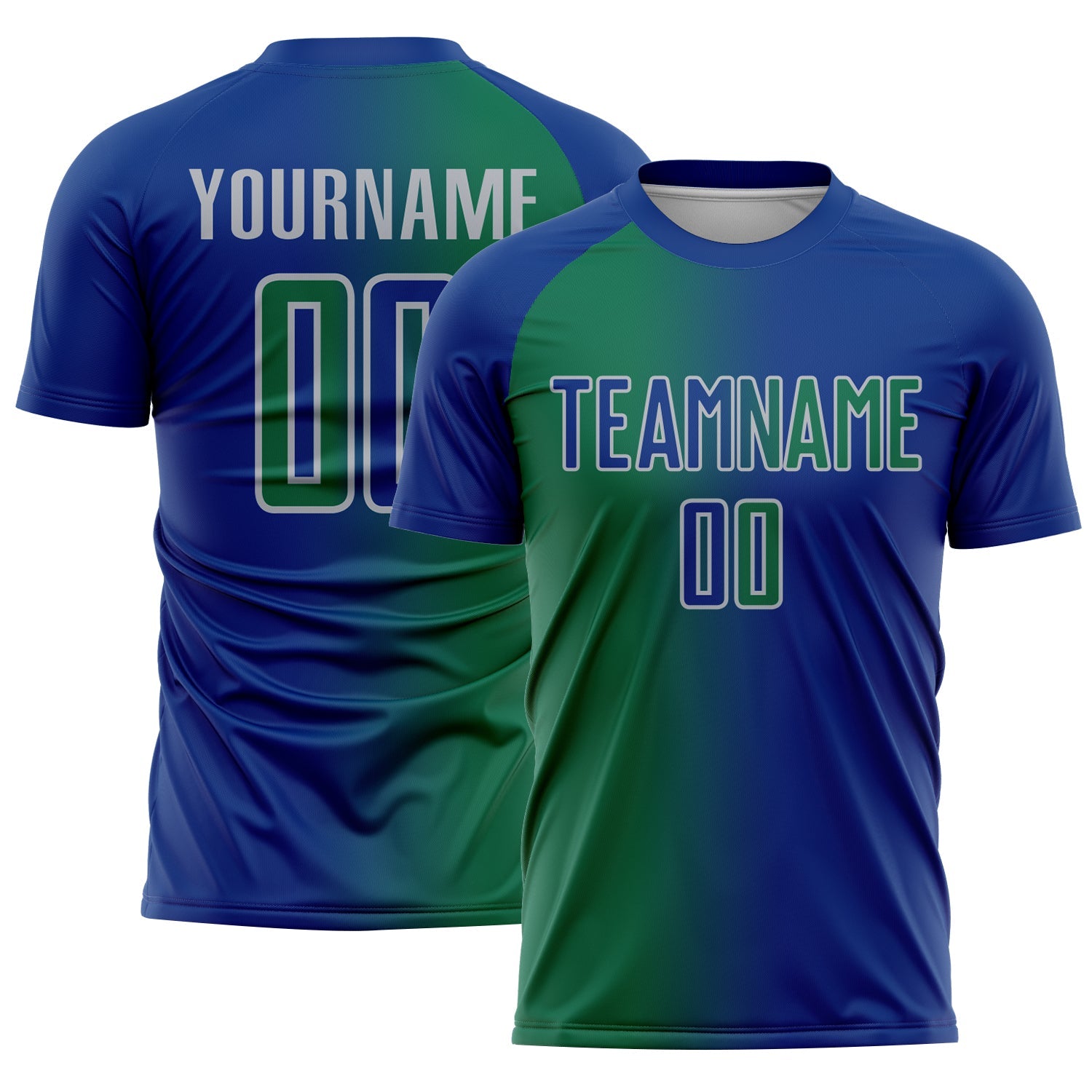 Custom Royal Kelly Green-Gray Sublimation Gradient Fashion Soccer Uniform Jersey - Main View