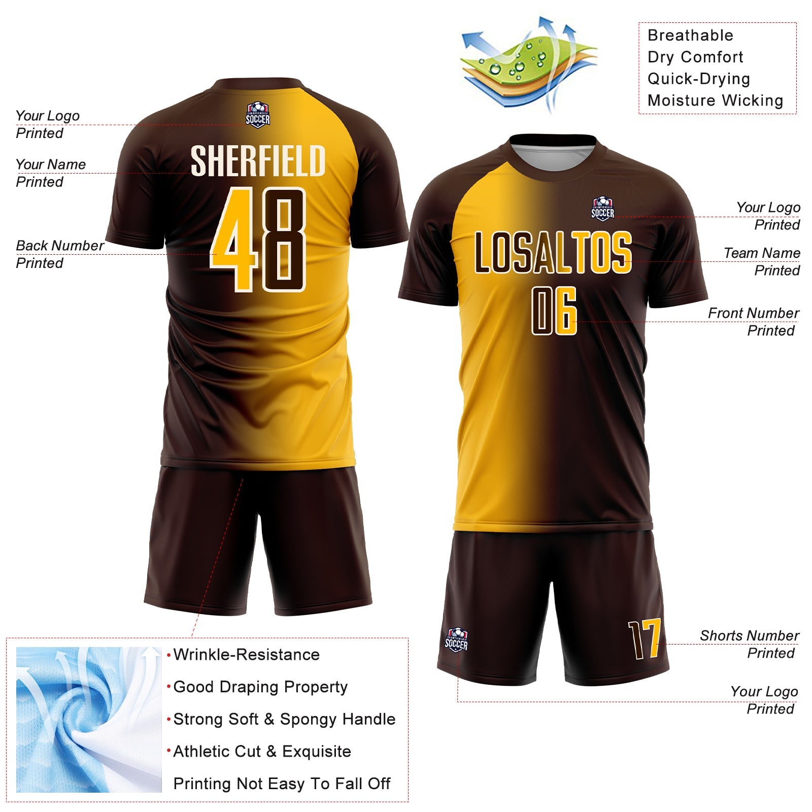 Custom Brown Gold-Cream Sublimation Gradient Fashion Soccer Uniform Jersey view 4