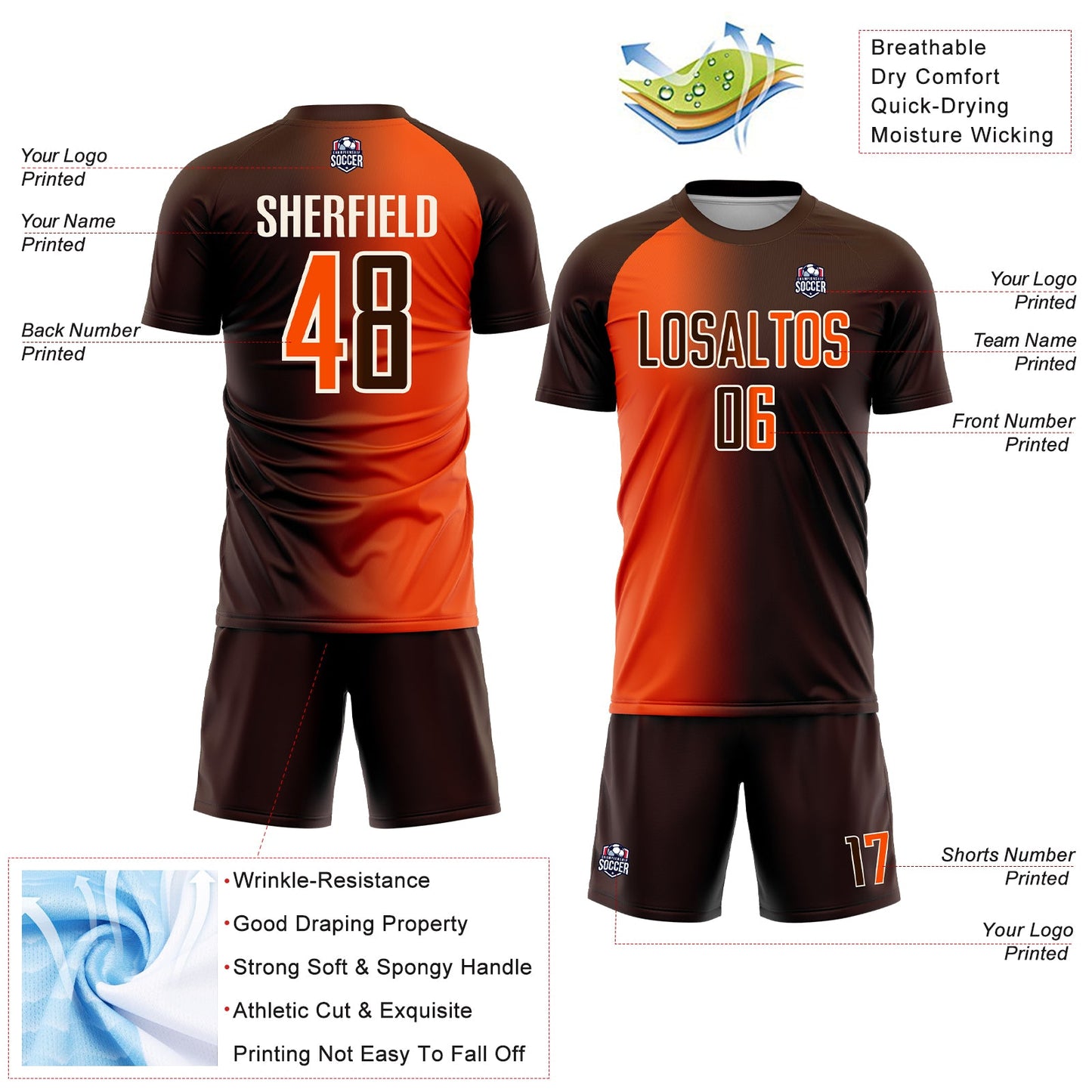 Custom Brown Orange-Cream Sublimation Gradient Fashion Soccer Uniform Jersey view 4
