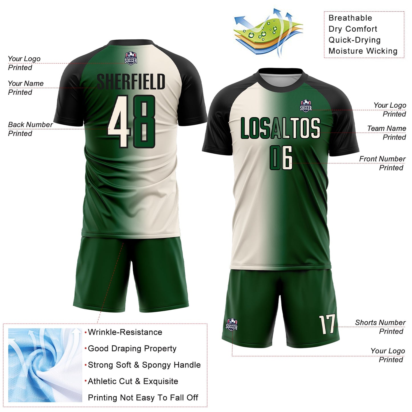 Custom Green Cream-Black Sublimation Gradient Fashion Soccer Uniform Jersey view 4