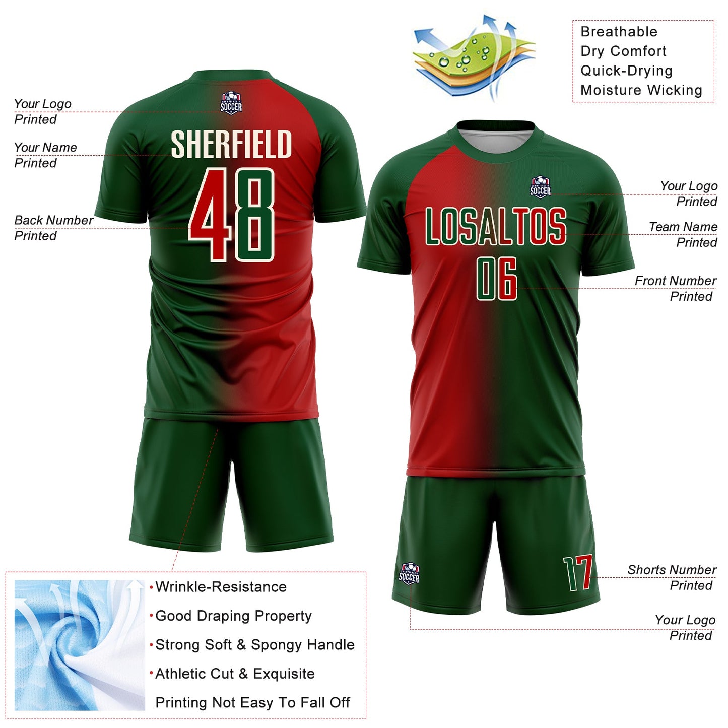 Custom Green Red-Cream Sublimation Gradient Fashion Soccer Uniform Jersey view 4
