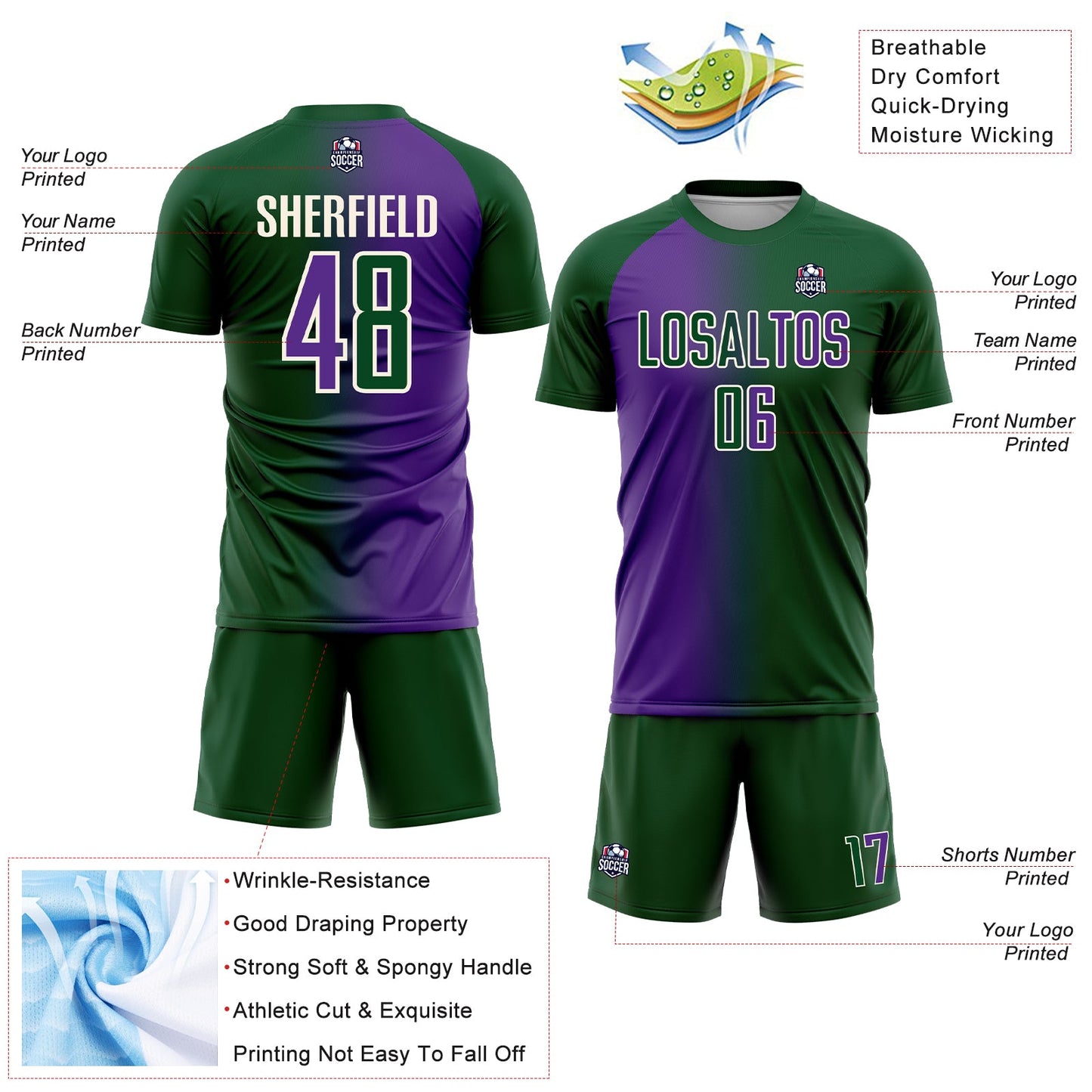 Custom Green Purple-Cream Sublimation Gradient Fashion Soccer Uniform Jersey view 4
