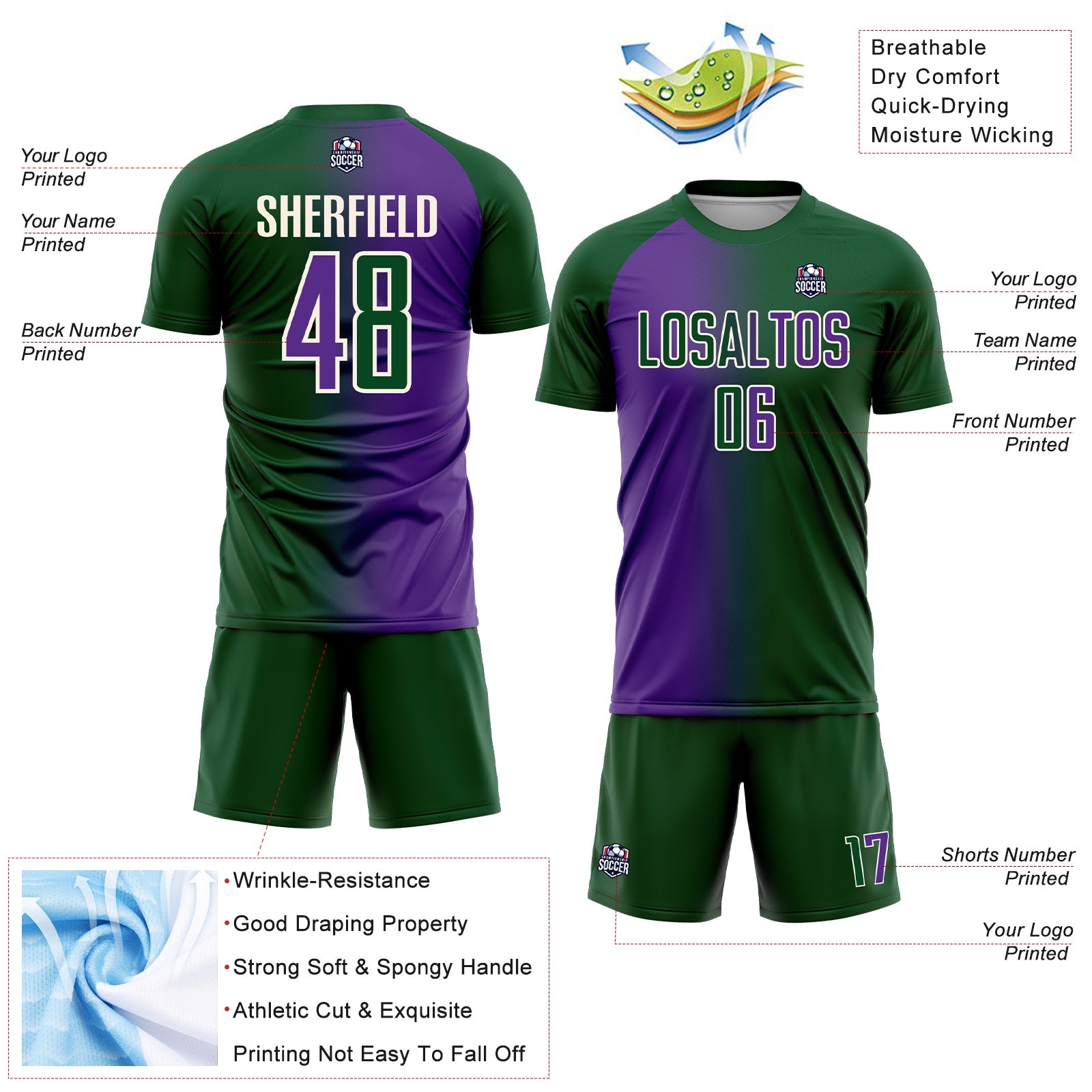Custom Green Purple-Cream Sublimation Gradient Fashion Soccer Uniform Jersey view 4