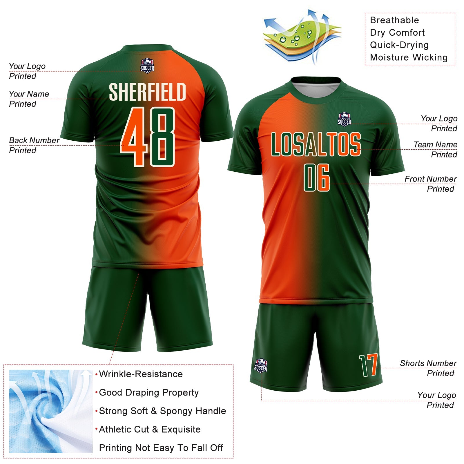 Custom Green Orange-Cream Sublimation Gradient Fashion Soccer Uniform Jersey view 4