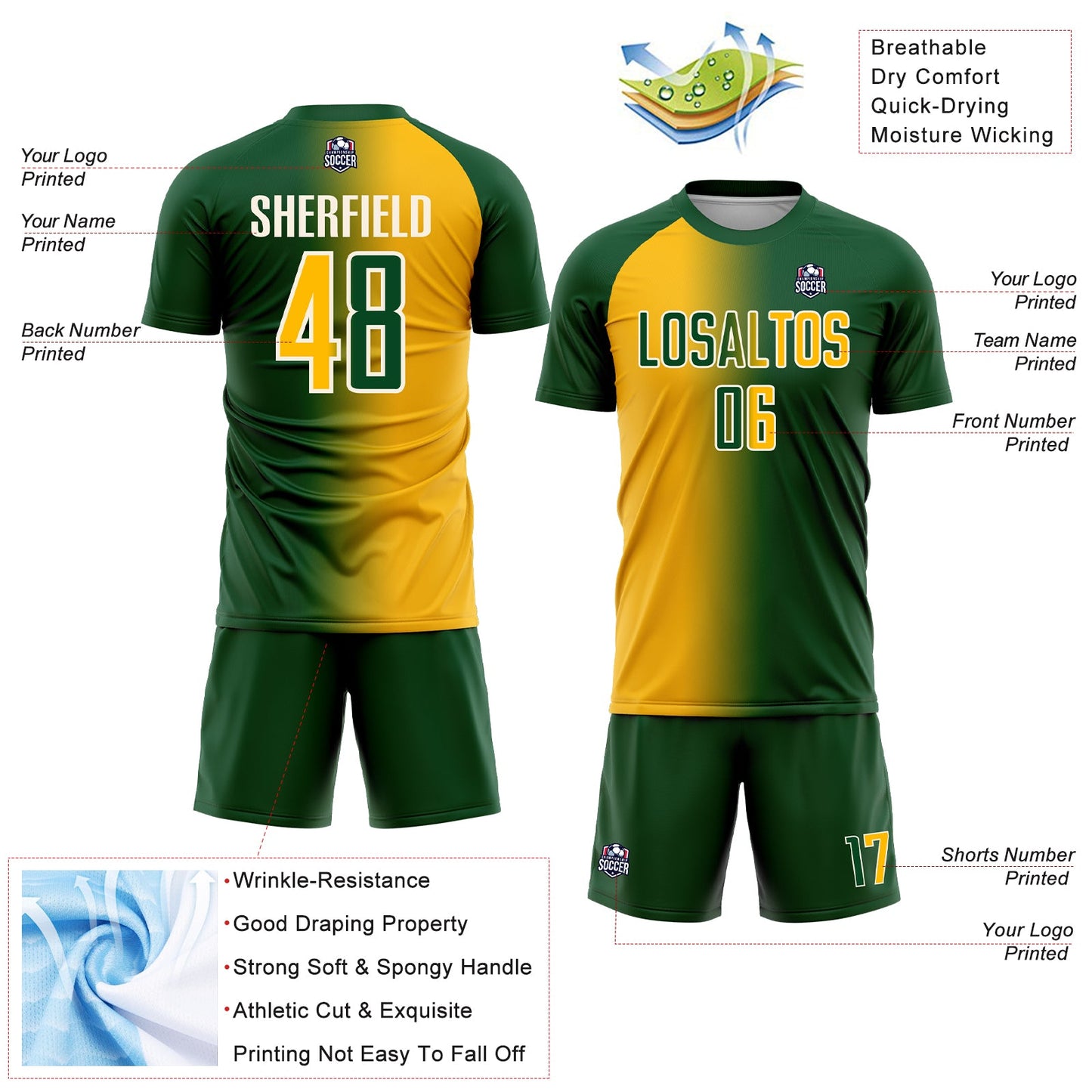 Custom Green Gold-Cream Sublimation Gradient Fashion Soccer Uniform Jersey view 4