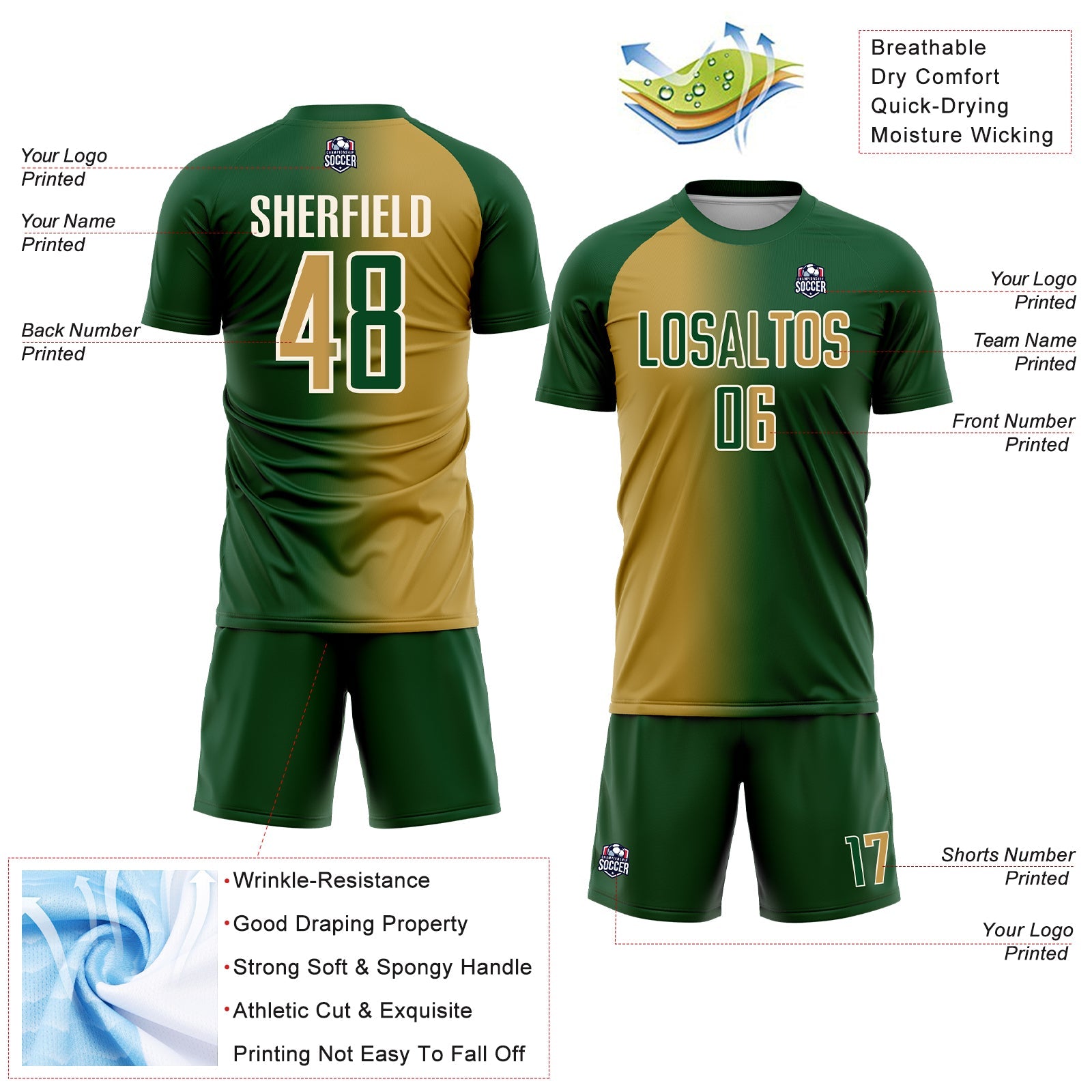 Custom Green Old Gold-Cream Sublimation Gradient Fashion Soccer Uniform Jersey view 4