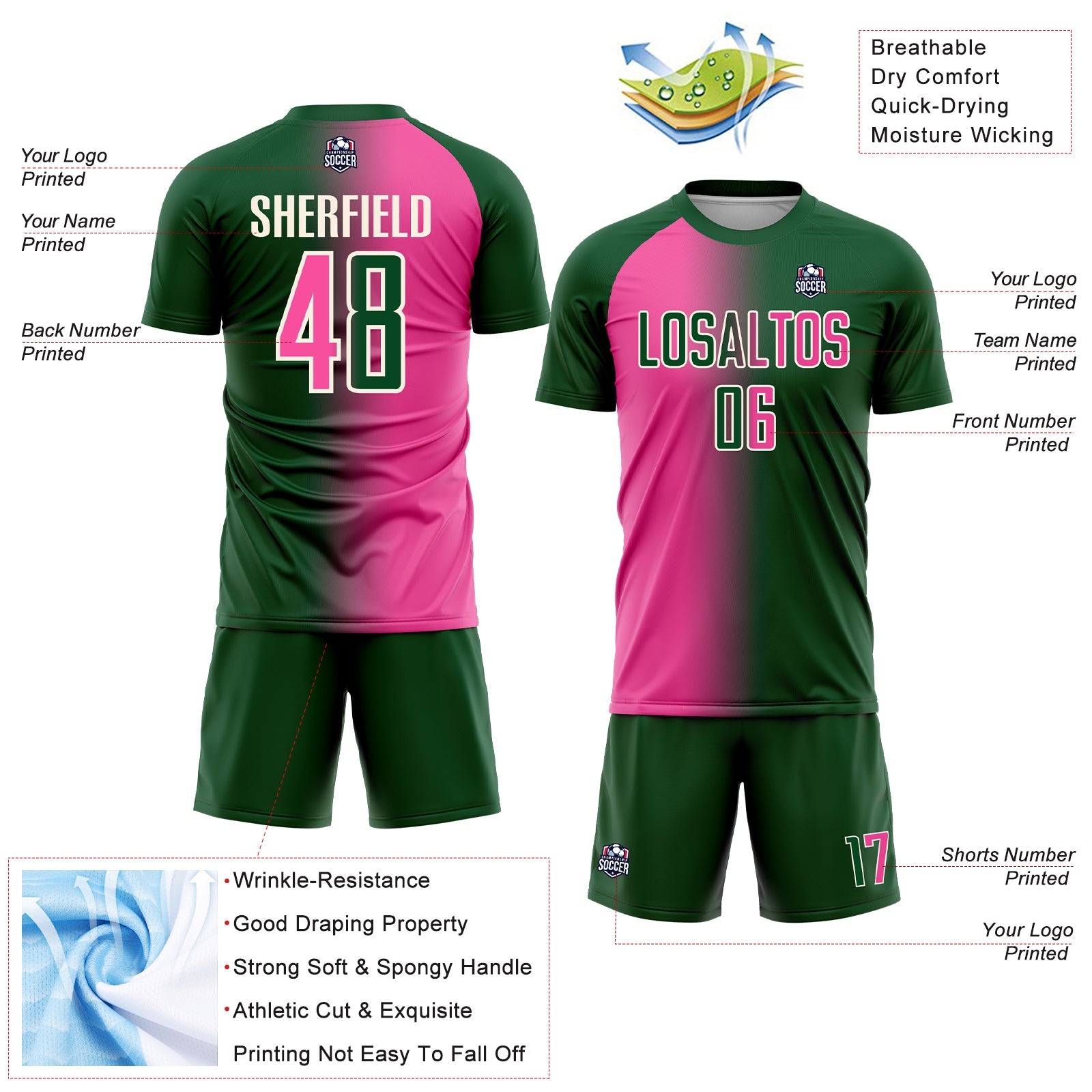 Custom Green Pink-Cream Sublimation Gradient Fashion Soccer Uniform Jersey view 4