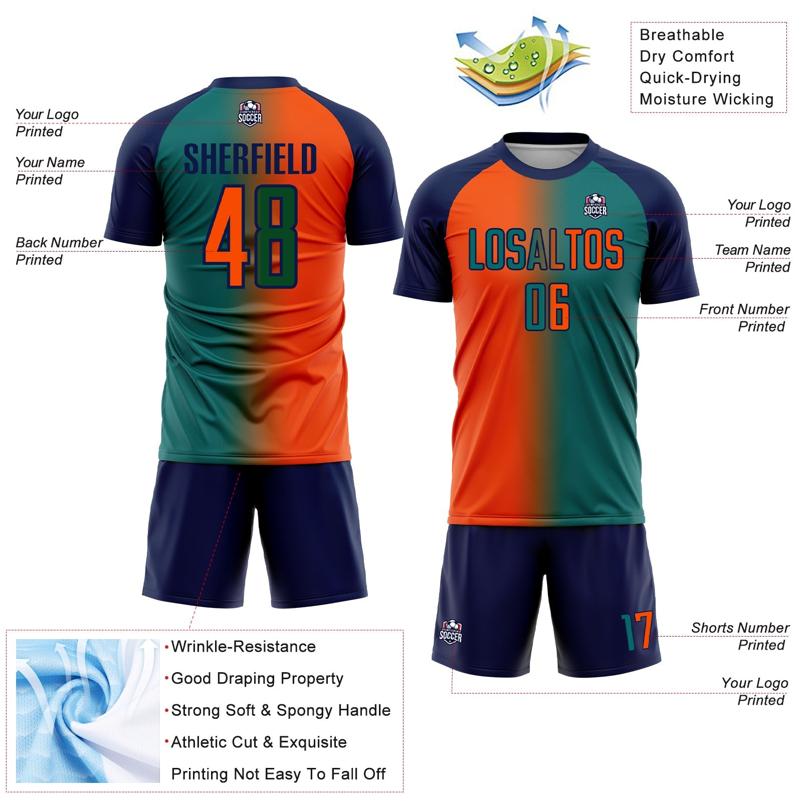 Custom Teal Orange-Navy Sublimation Gradient Fashion Soccer Uniform Jersey view 4