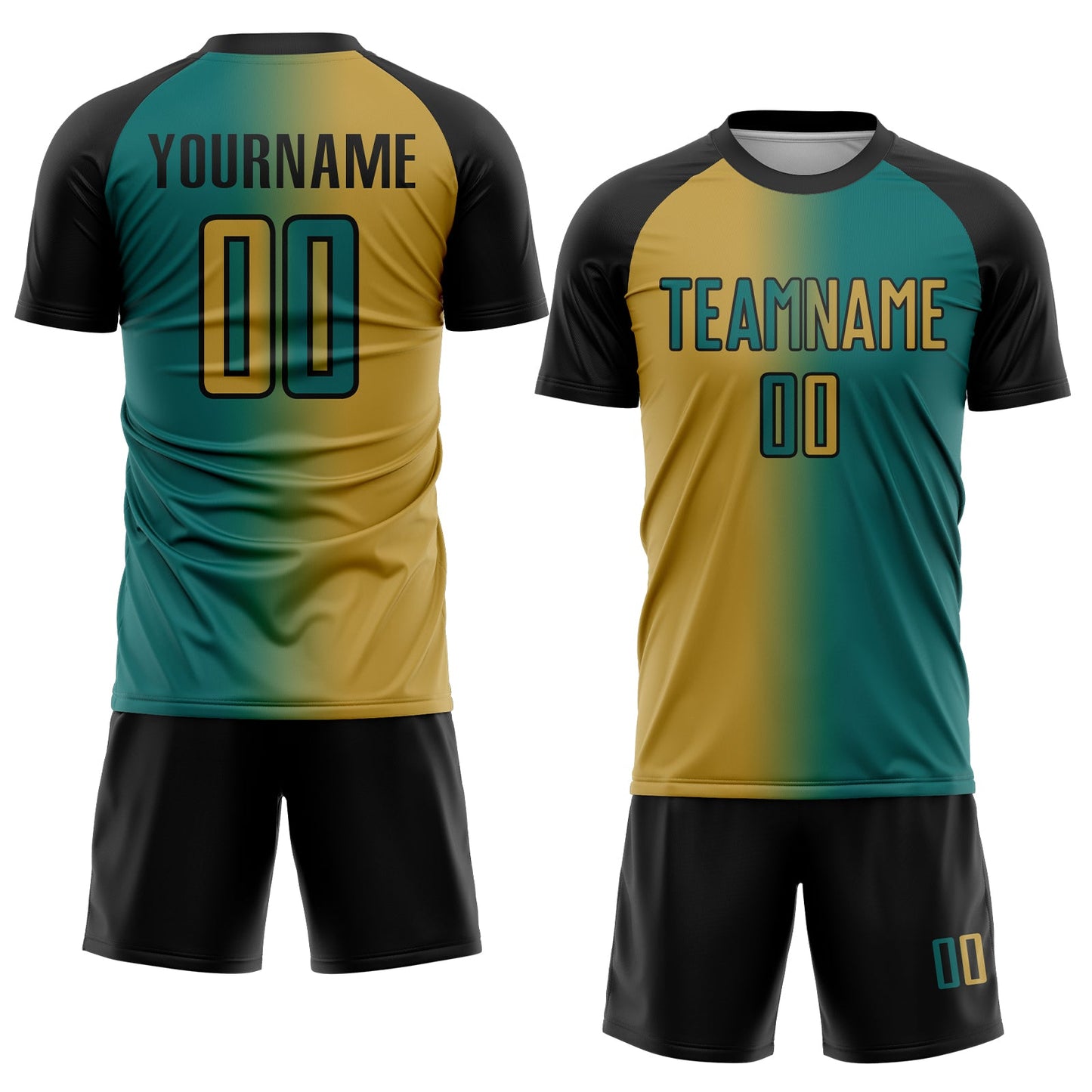 Custom Teal Old Gold-Black Sublimation Gradient Fashion Soccer Uniform Jersey view 2