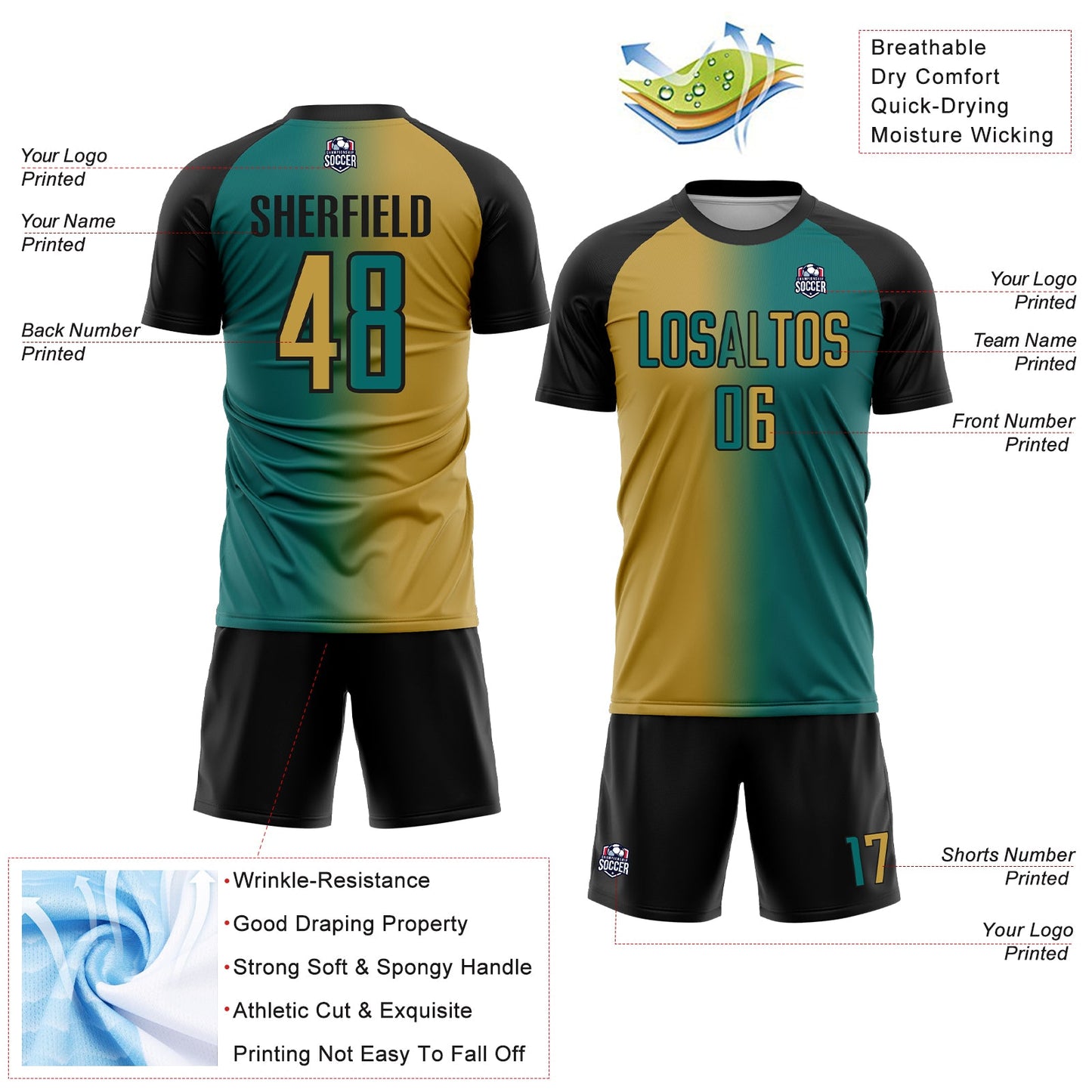 Custom Teal Old Gold-Black Sublimation Gradient Fashion Soccer Uniform Jersey view 4