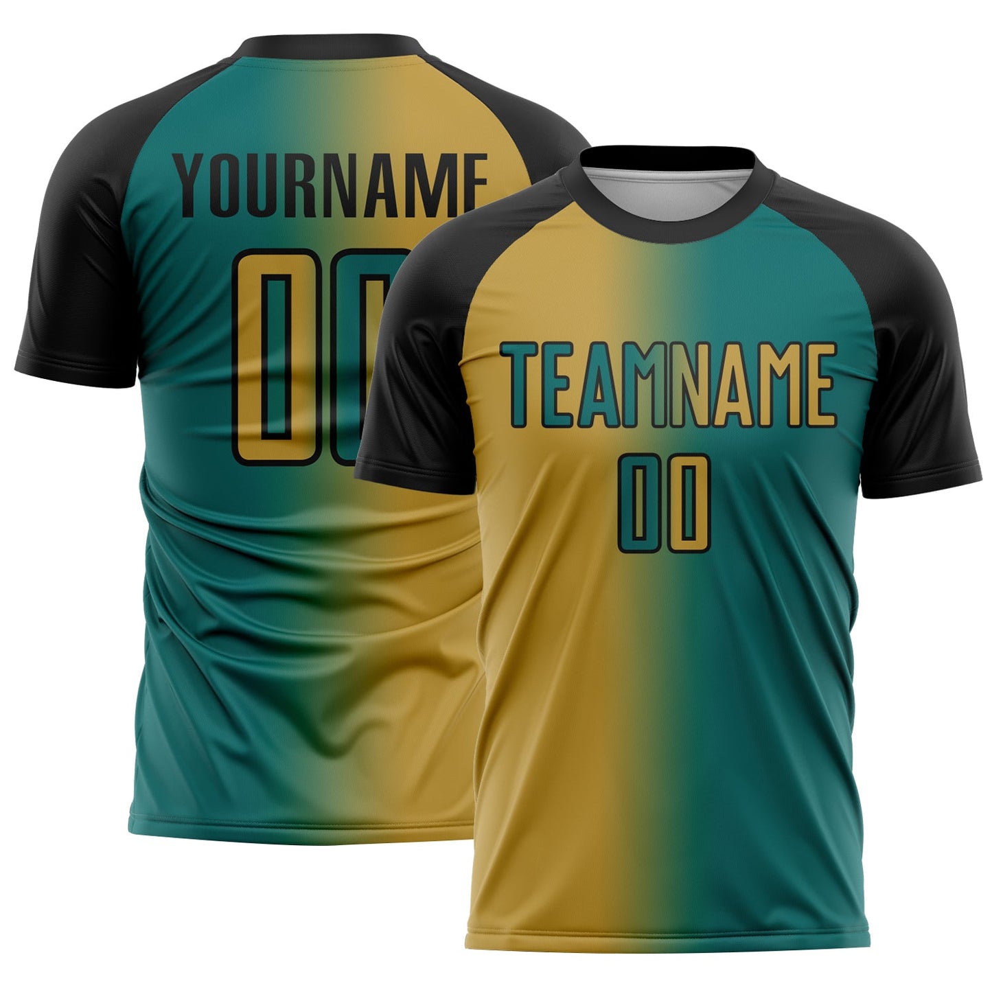 Custom Teal Old Gold-Black Sublimation Gradient Fashion Soccer Uniform Jersey - Main View