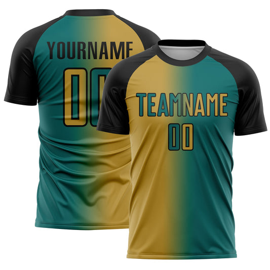 Custom Teal Old Gold-Black Sublimation Gradient Fashion Soccer Uniform Jersey - Main View