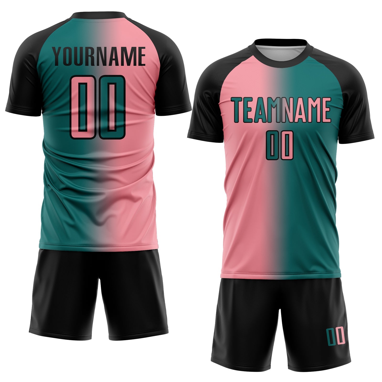 Custom Teal Medium Pink-Black Sublimation Gradient Fashion Soccer Uniform Jersey view 2