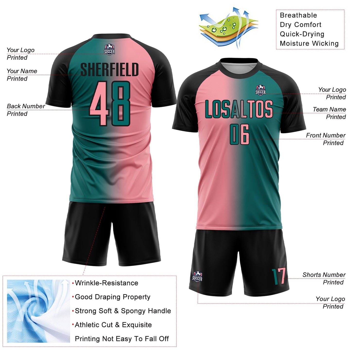 Custom Teal Medium Pink-Black Sublimation Gradient Fashion Soccer Uniform Jersey view 4