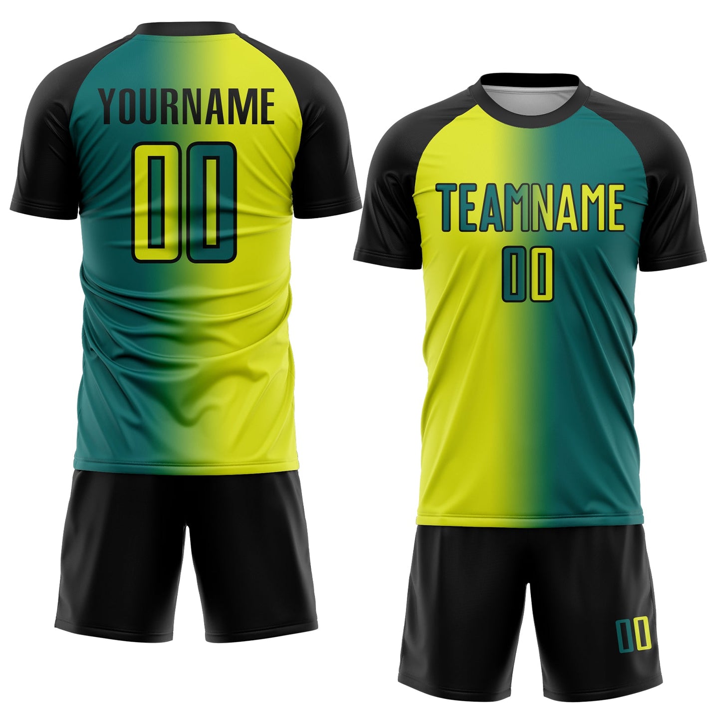 Custom Teal Neon Yellow-Black Sublimation Gradient Fashion Soccer Uniform Jersey view 2