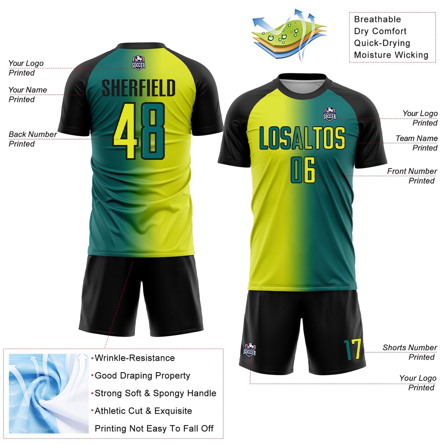 Custom Teal Neon Yellow-Black Sublimation Gradient Fashion Soccer Uniform Jersey view 4