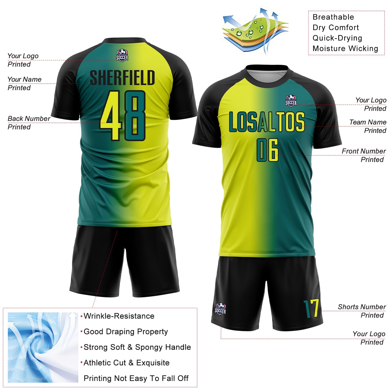 Custom Teal Neon Yellow-Black Sublimation Gradient Fashion Soccer Uniform Jersey view 4