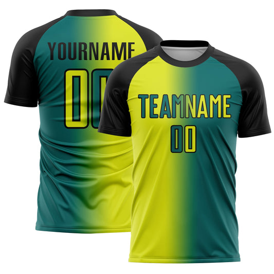 Custom Teal Neon Yellow-Black Sublimation Gradient Fashion Soccer Uniform Jersey - Main View