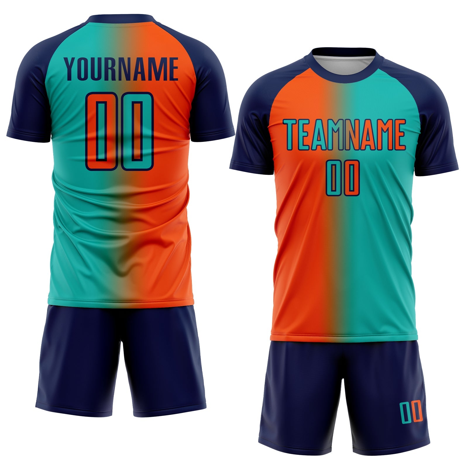 Custom Aqua Orange-Navy Sublimation Gradient Fashion Soccer Uniform Jersey view 2