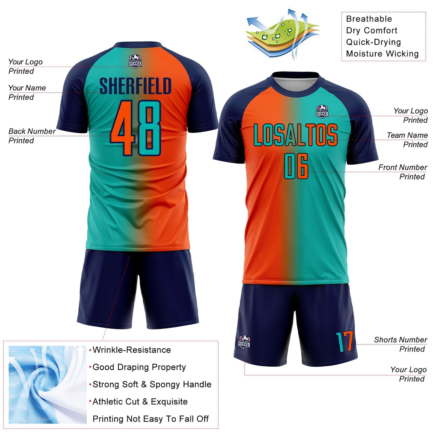 Custom Aqua Orange-Navy Sublimation Gradient Fashion Soccer Uniform Jersey view 4