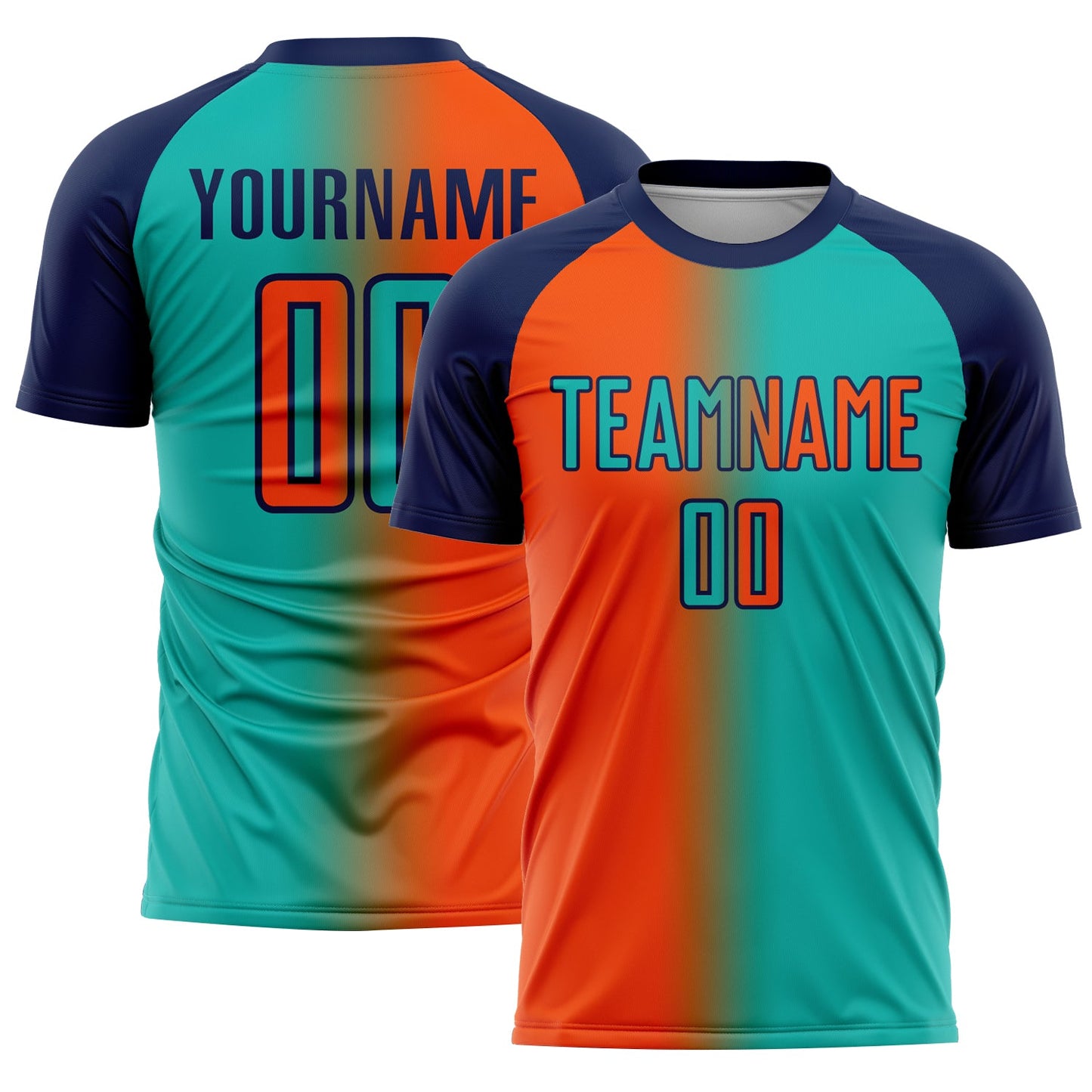 Custom Aqua Orange-Navy Sublimation Gradient Fashion Soccer Uniform Jersey - Main View