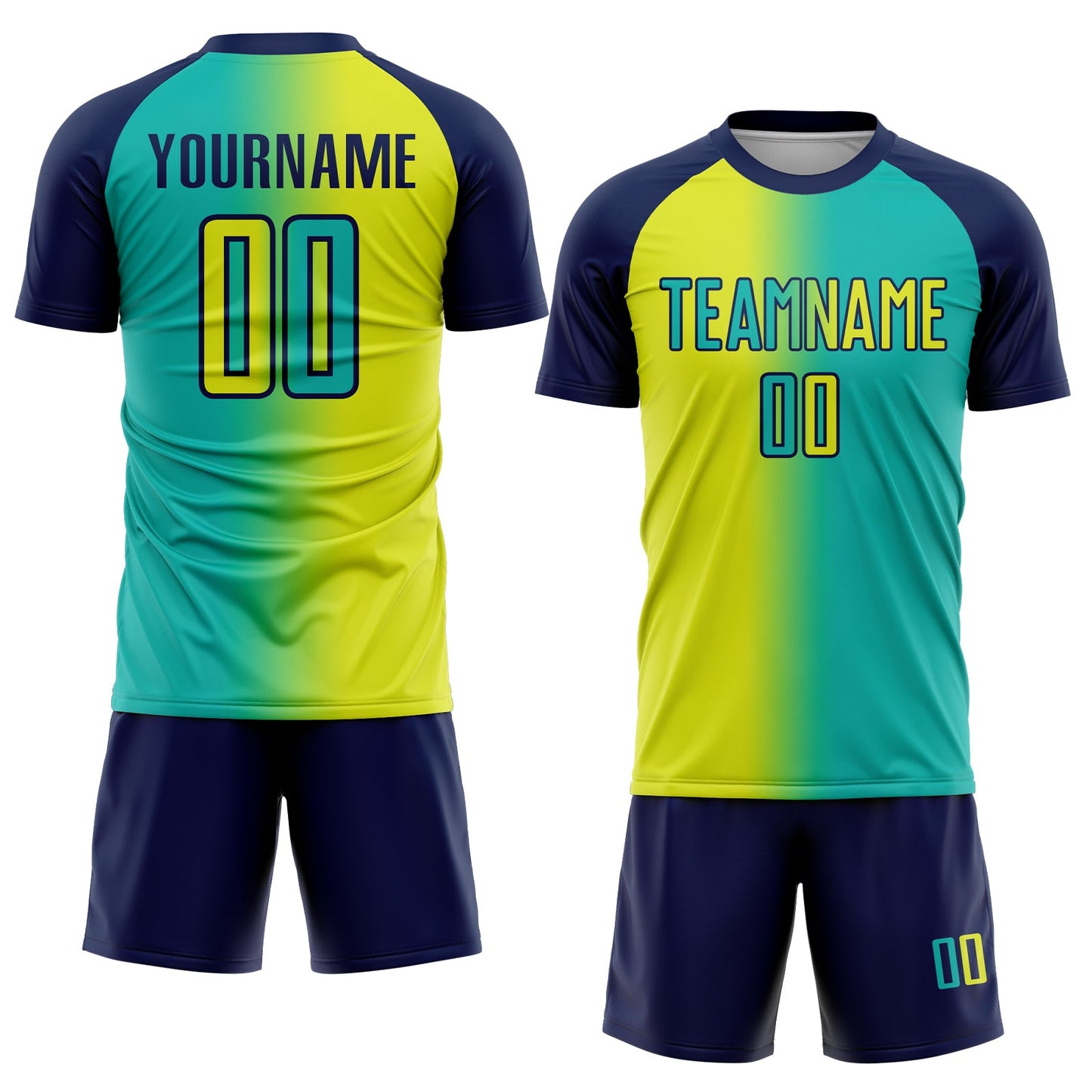 Custom Aqua Neon Yellow-Navy Sublimation Gradient Fashion Soccer Uniform Jersey view 2