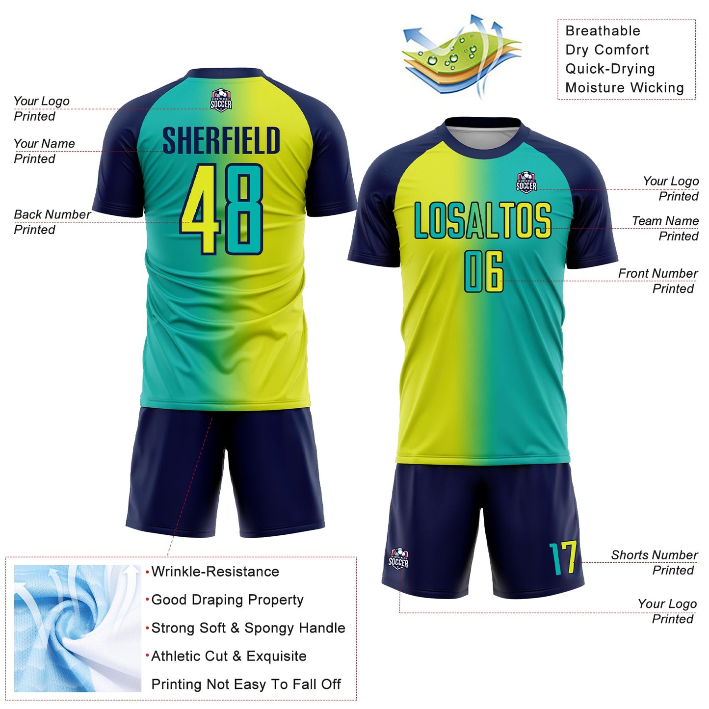 Custom Aqua Neon Yellow-Navy Sublimation Gradient Fashion Soccer Uniform Jersey view 4