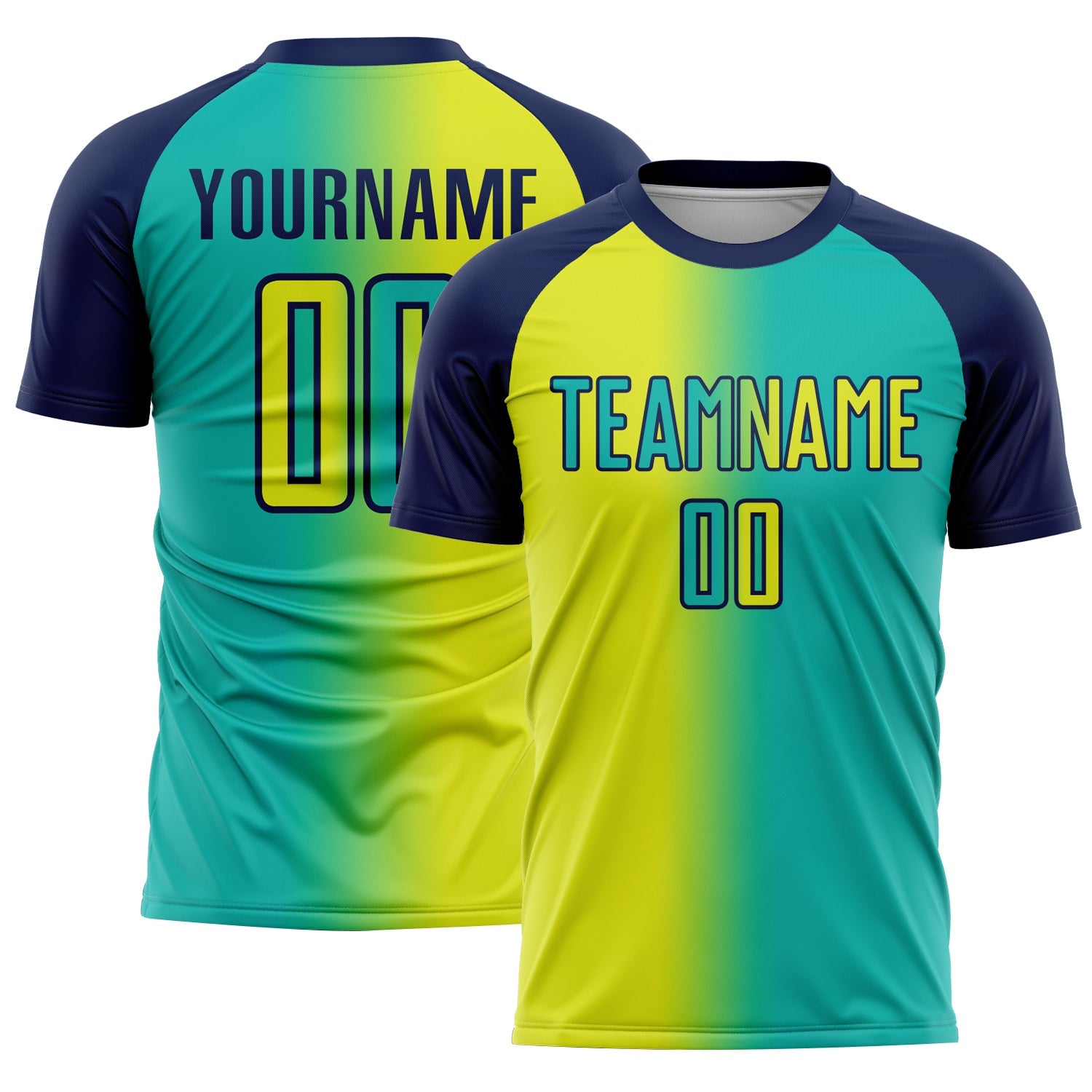 Custom Aqua Neon Yellow-Navy Sublimation Gradient Fashion Soccer Uniform Jersey - Main View