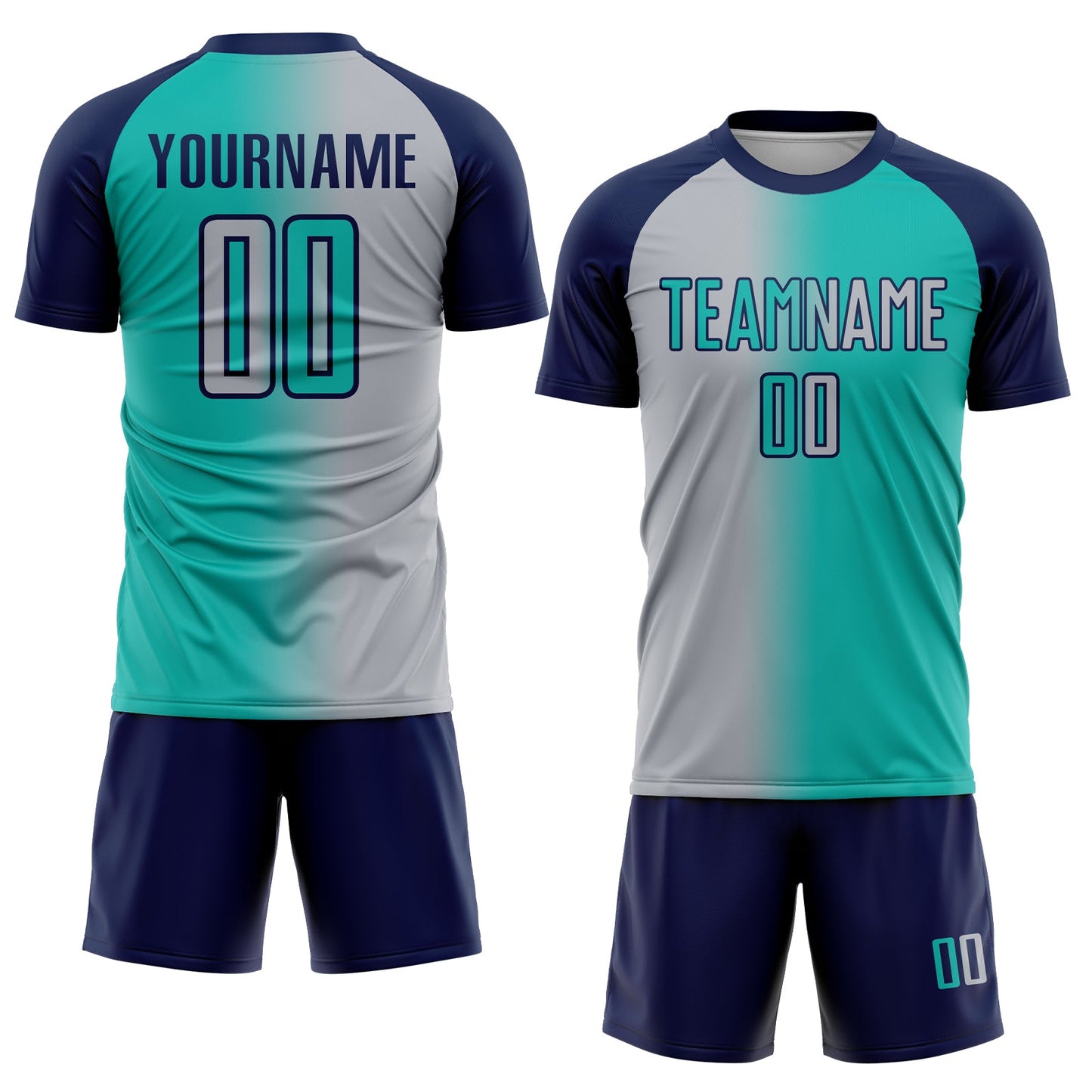 Custom Aqua Gray-Navy Sublimation Gradient Fashion Soccer Uniform Jersey view 2